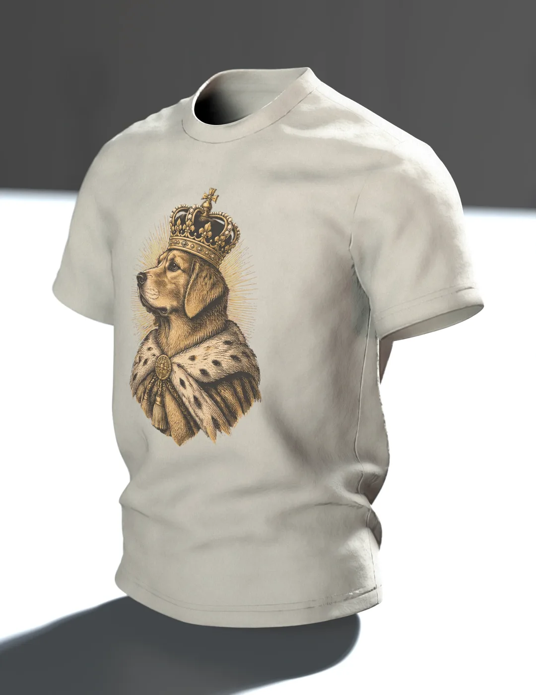 Golden Retriever Shirt: Golden Retriever with Crown and Ermine, Monarch on the Front, Napping on the Back, Engraving Style, In context, angled