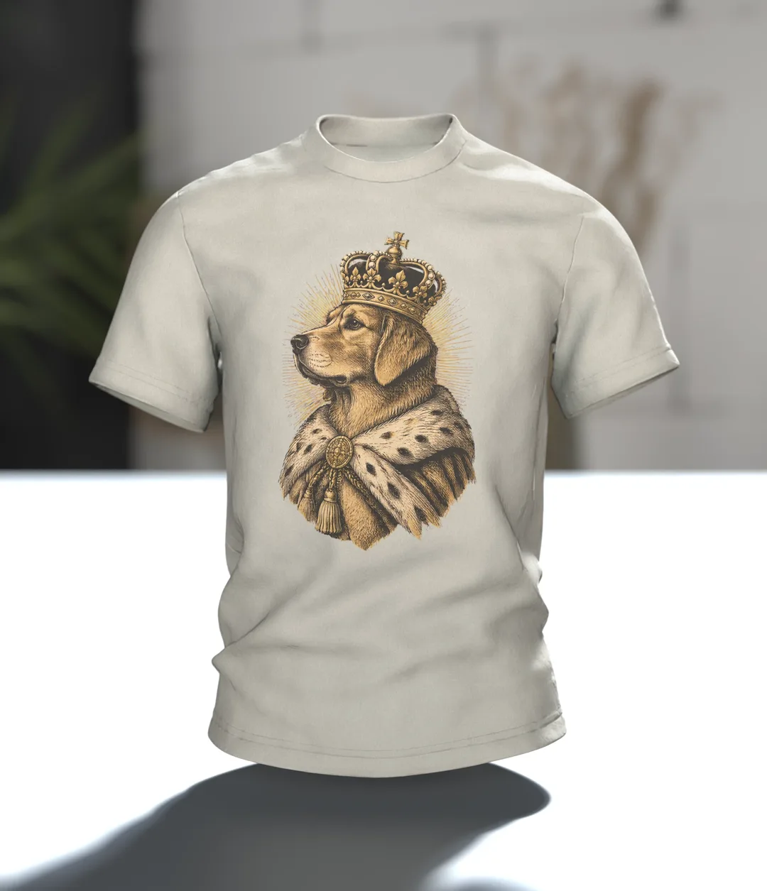 Golden Retriever Shirt: Golden Retriever with Crown and Ermine, Monarch on the Front, Napping on the Back, Engraving Style, In context