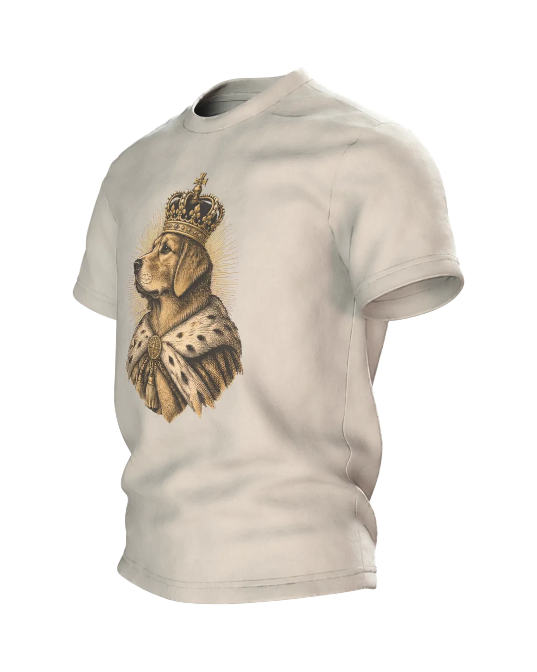 Golden Retriever Shirt: Golden Retriever with Crown and Ermine, Monarch on the Front, Napping on the Back, Engraving Style, Side view, right