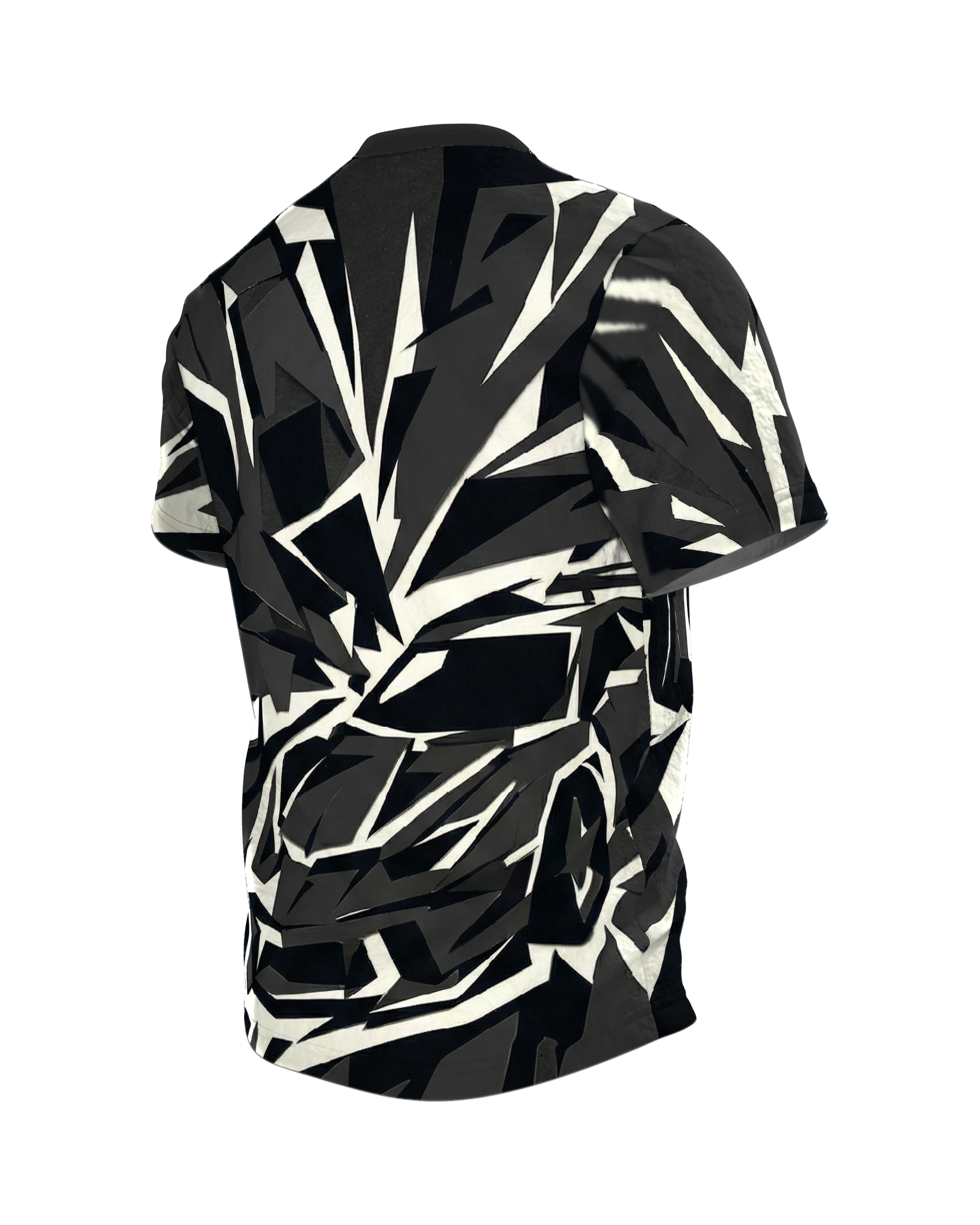 Polygon Sportwagen T-Shirt, Supersportler aus Splittern in Schwarz Creme als Allover, Rückseite schräg links