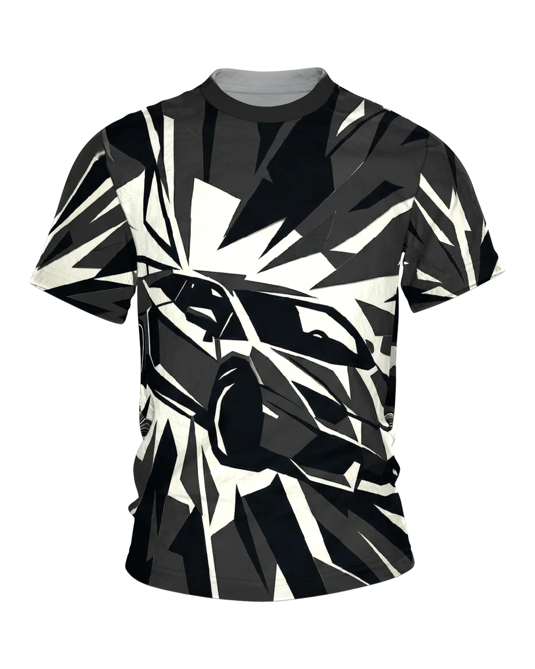Polygon Sportwagen T-Shirt, Supersportler aus Splittern in Schwarz Creme als Allover