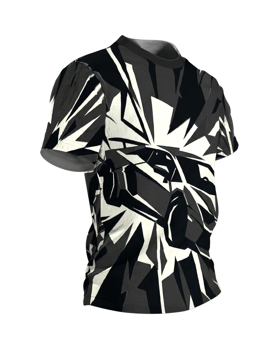 Polygon Sportwagen T-Shirt, Supersportler aus Splittern in Schwarz Creme als Allover, Seitenansicht links