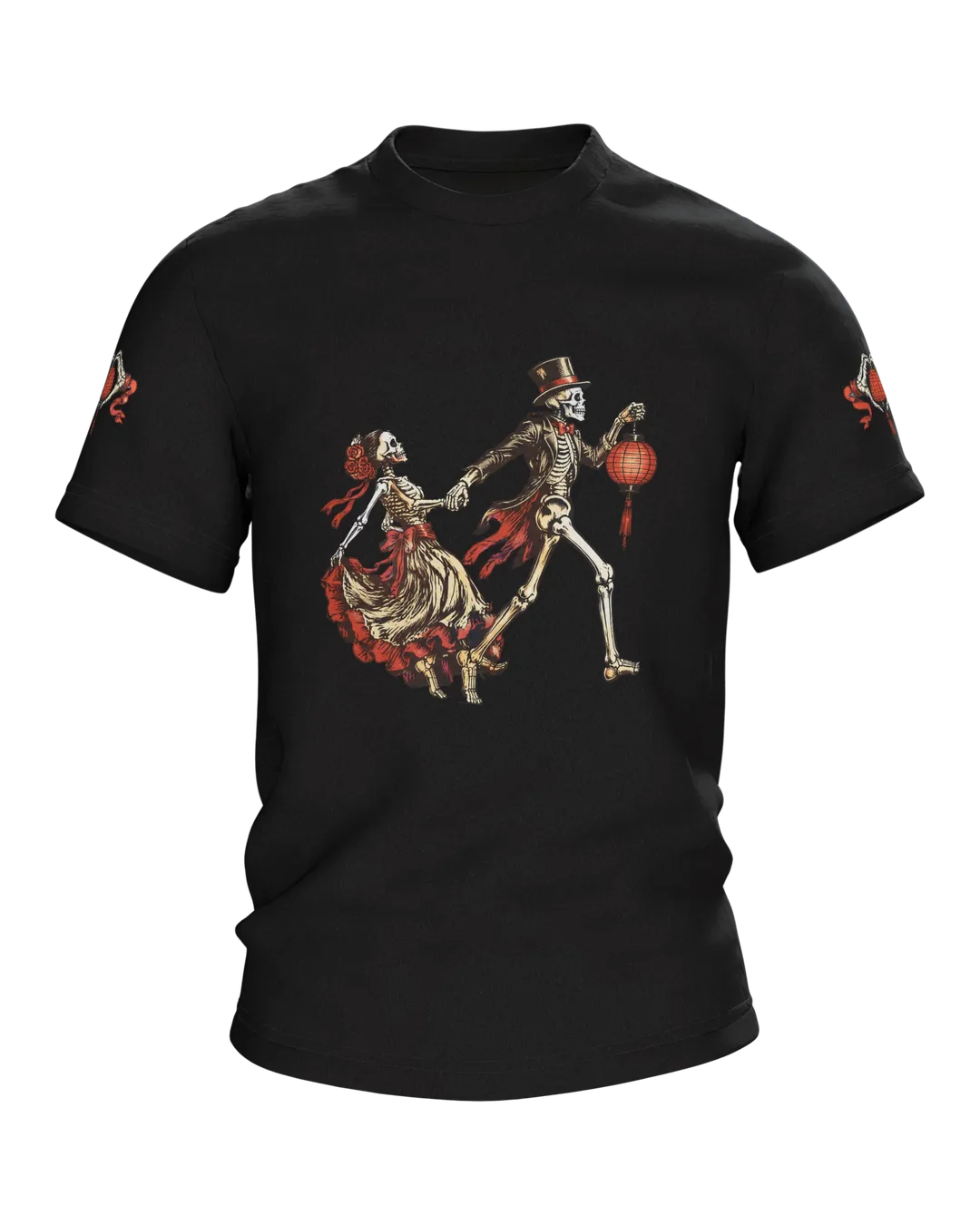 Gothic Skeleton Couple T-Shirt: Hand in Hand with a Lantern