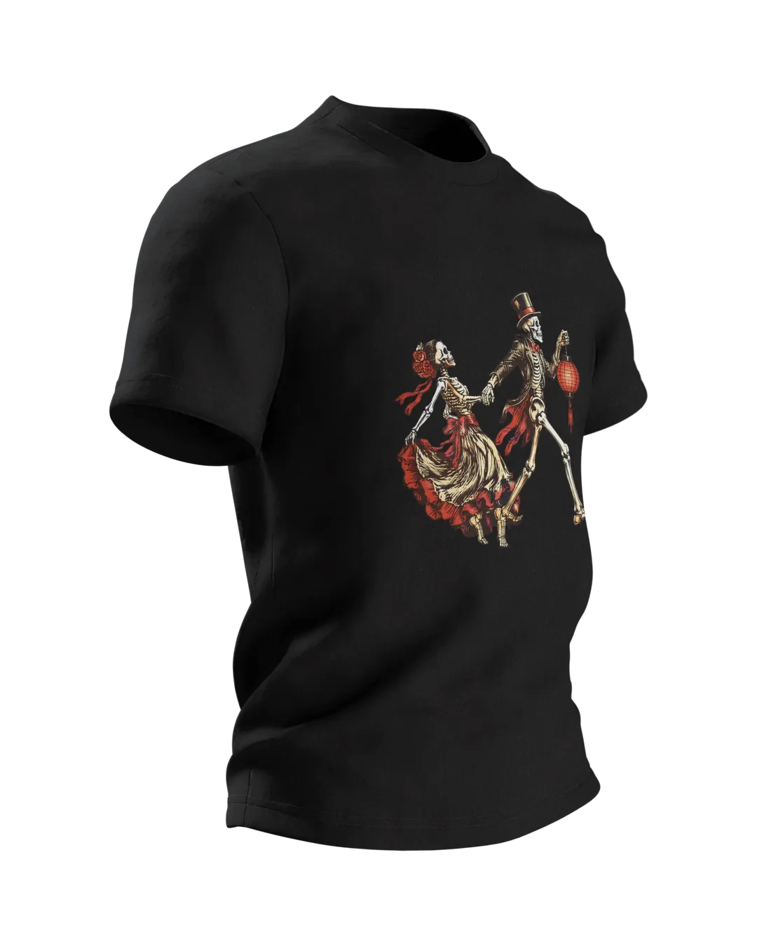 Gothic Skeleton Couple T-Shirt: Hand in Hand with a Lantern, Side view, left
