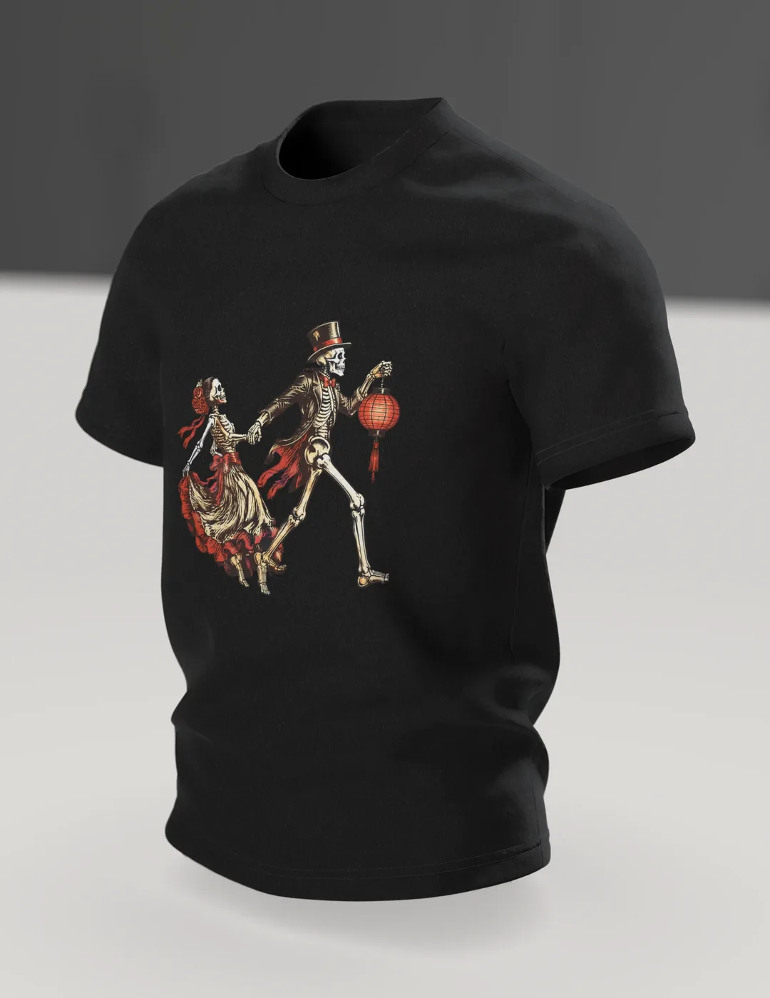 Gothic Skeleton Couple T-Shirt: Hand in Hand with a Lantern, In context, angled