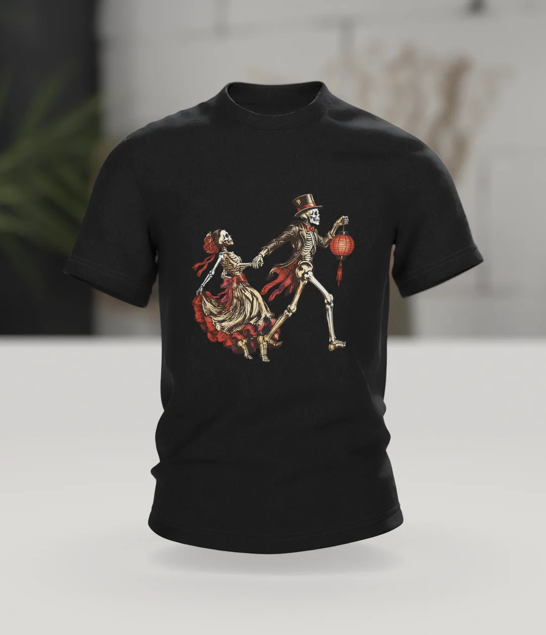 Gothic Skeleton Couple T-Shirt: Hand in Hand with a Lantern, In context