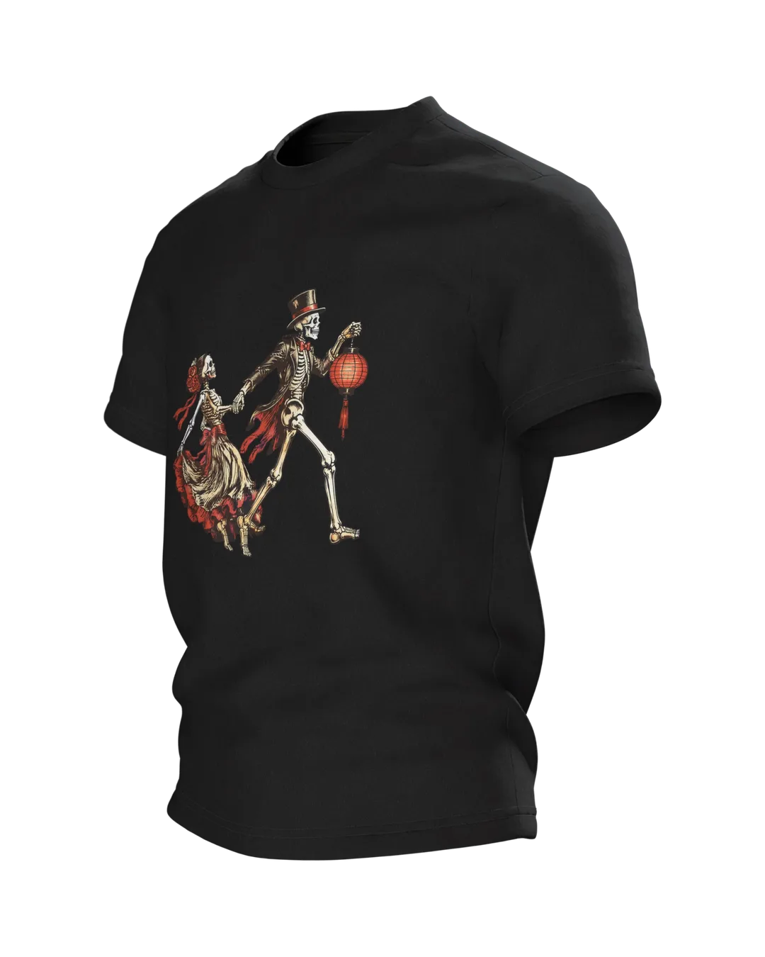 Gothic Skeleton Couple T-Shirt: Hand in Hand with a Lantern, Side view, right