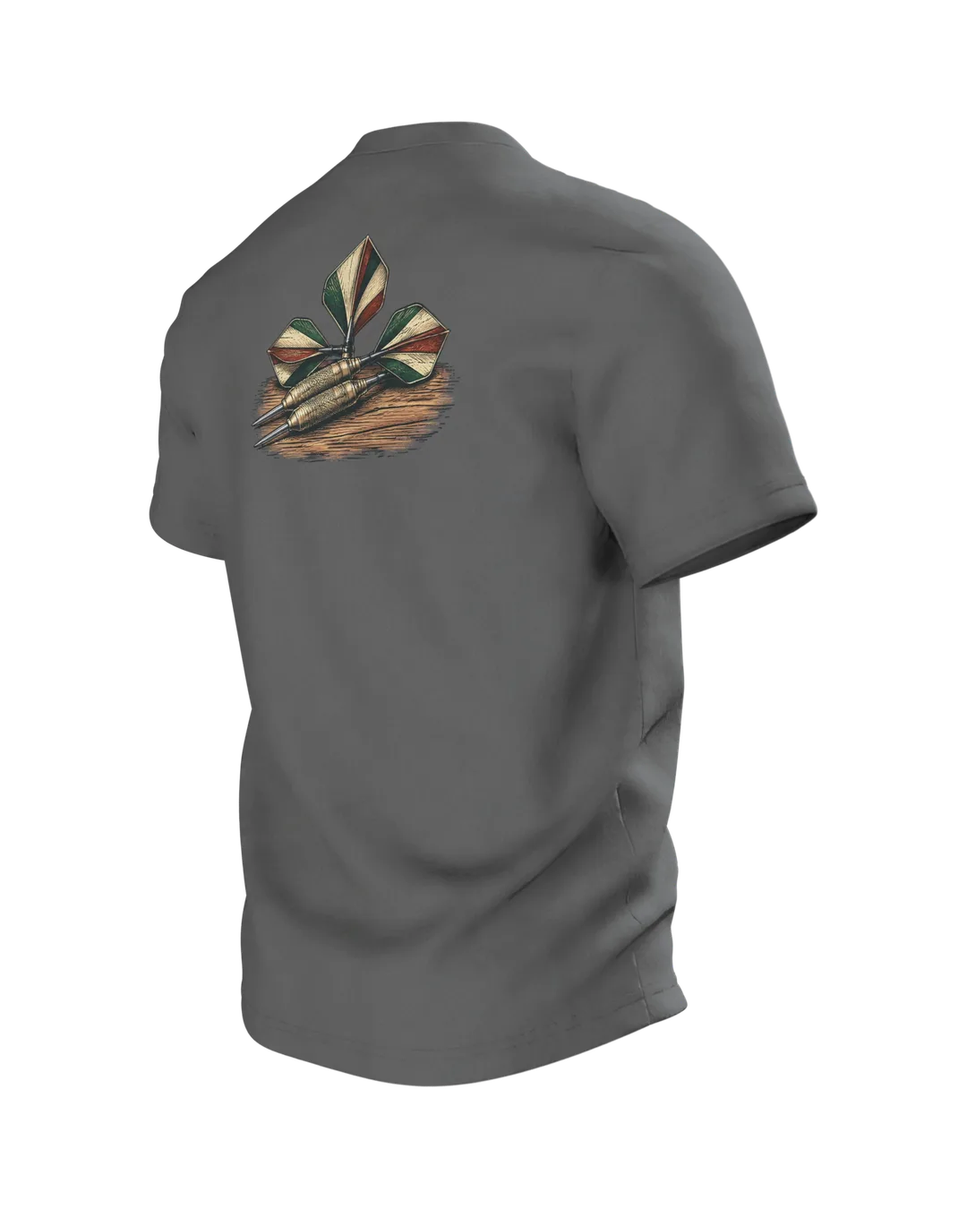 Dart Shirt: Drei Darts im Triple-Ring, Vintage-Stil, Rückseite schräg links