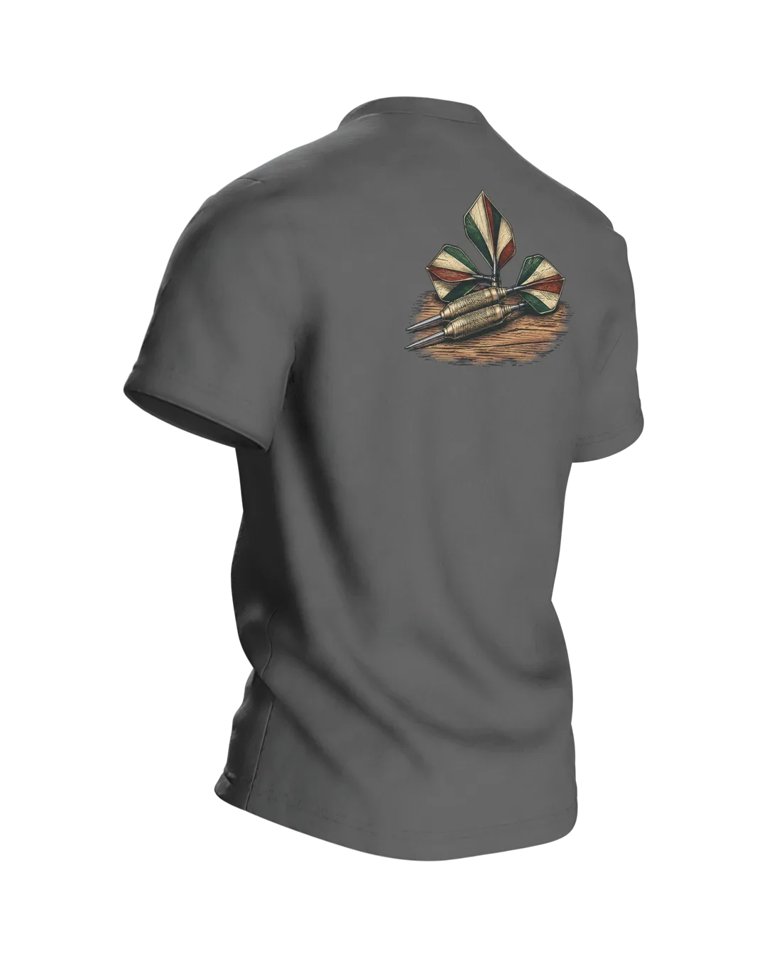 Dart Shirt: Drei Darts im Triple-Ring, Vintage-Stil, Rückseite schräg rechts