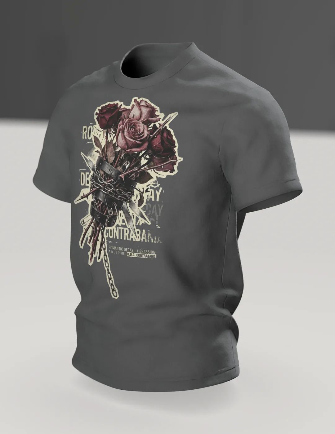 Rose mit Dornen Motiv-Shirt: Dunkel-Gothic Ästhetik, Im Raum, schräg