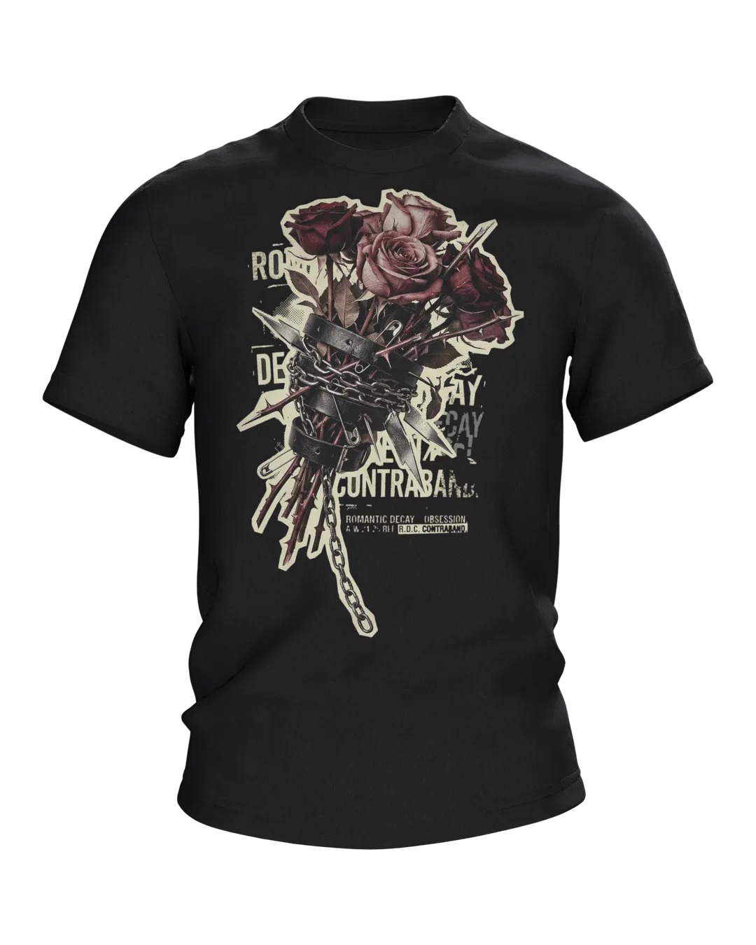 Romantic Decay T-shirt, Roses in Leather and Chains with an Exploded View Back