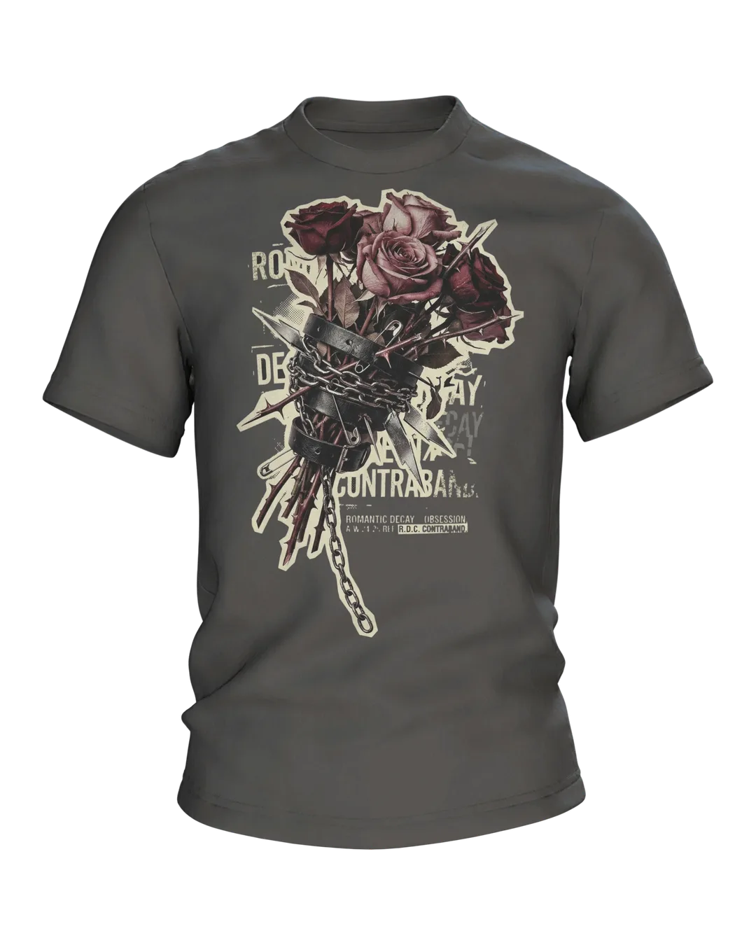 Romantic Decay T-shirt, Roses in Leather and Chains with an Exploded View Back