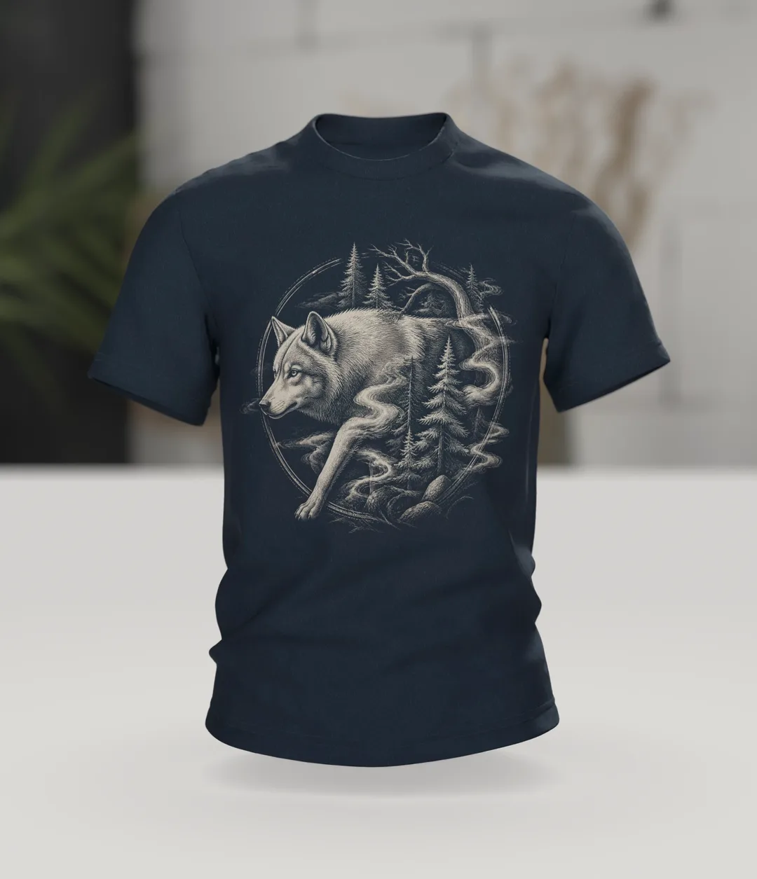Wolf im Nebelwald T-Shirt: Mystisches Design, Im Raum