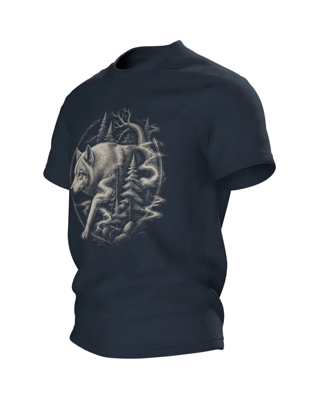 Wolf im Nebelwald T-Shirt: Mystisches Design, Seitenansicht rechts