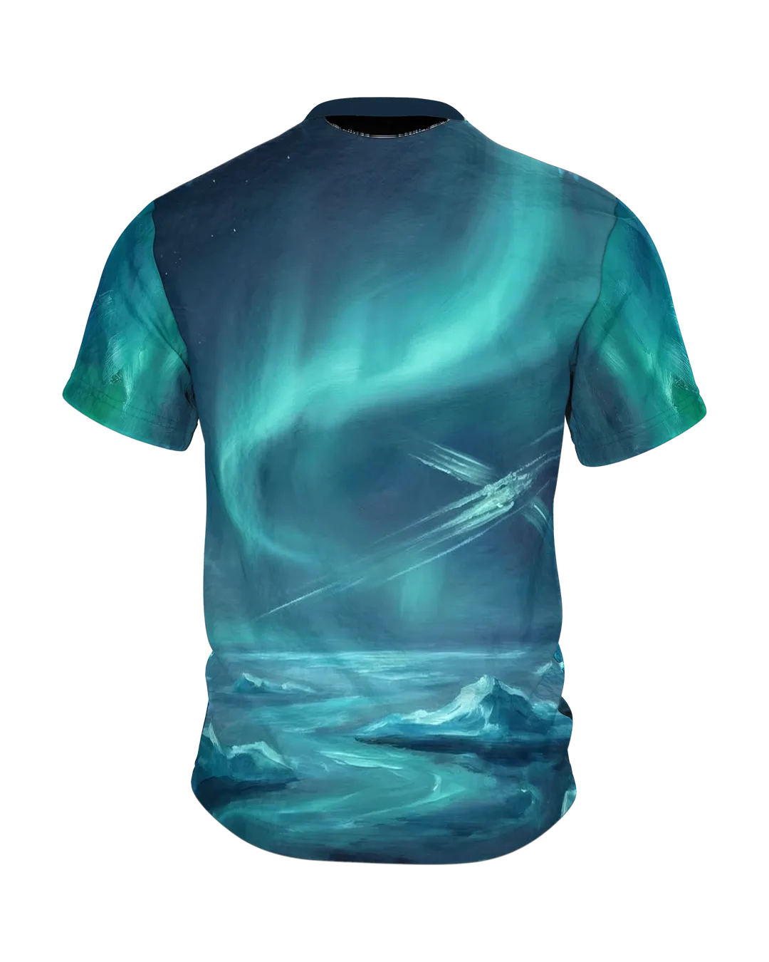 Satellit Polarlichter T-Shirt, gemalter Satellit über stürmischem Meer, Eismeer-Aurora am Rücken, Rückseite
