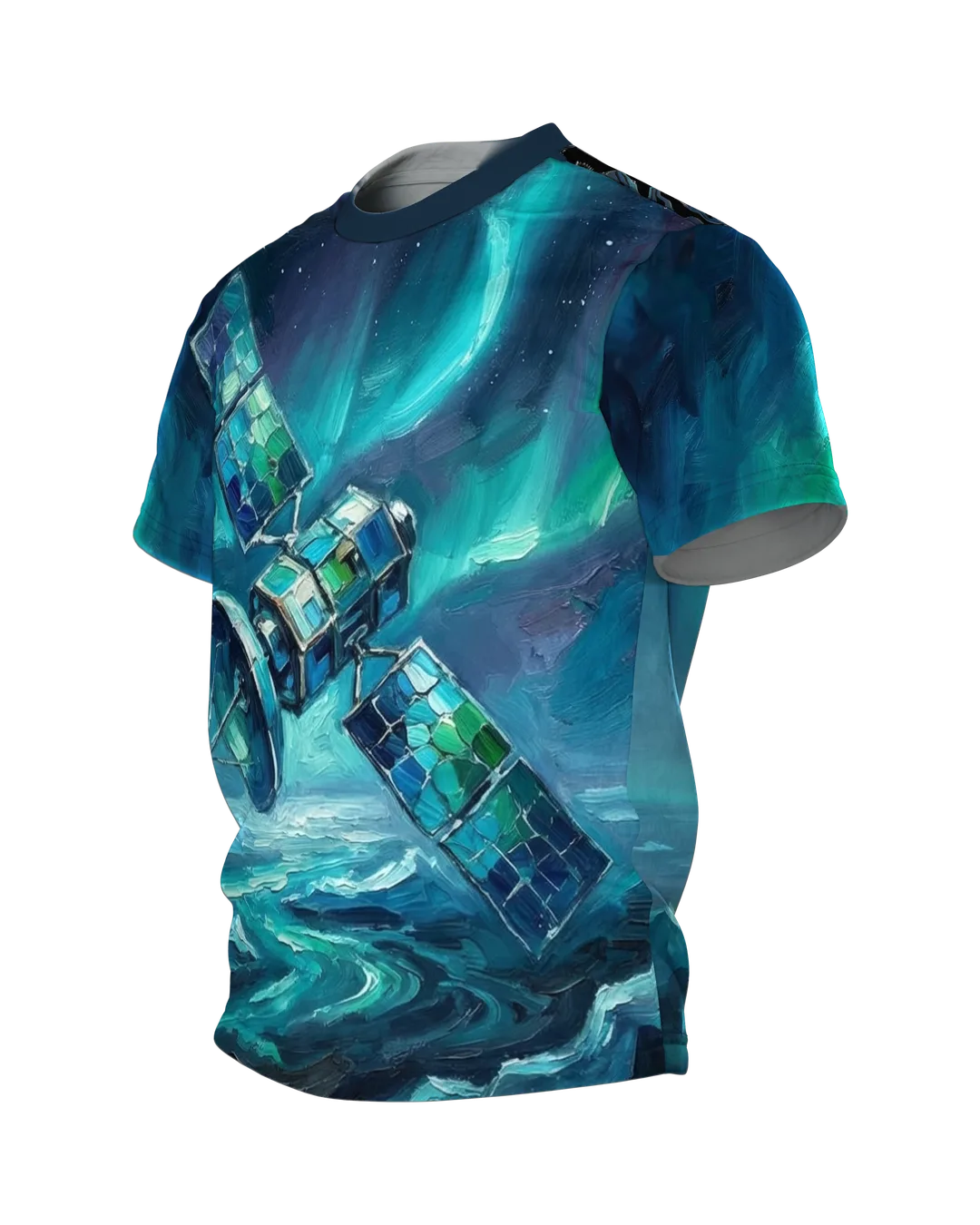 Satellit Polarlichter T-Shirt, gemalter Satellit über stürmischem Meer, Eismeer-Aurora am Rücken, Seitenansicht rechts