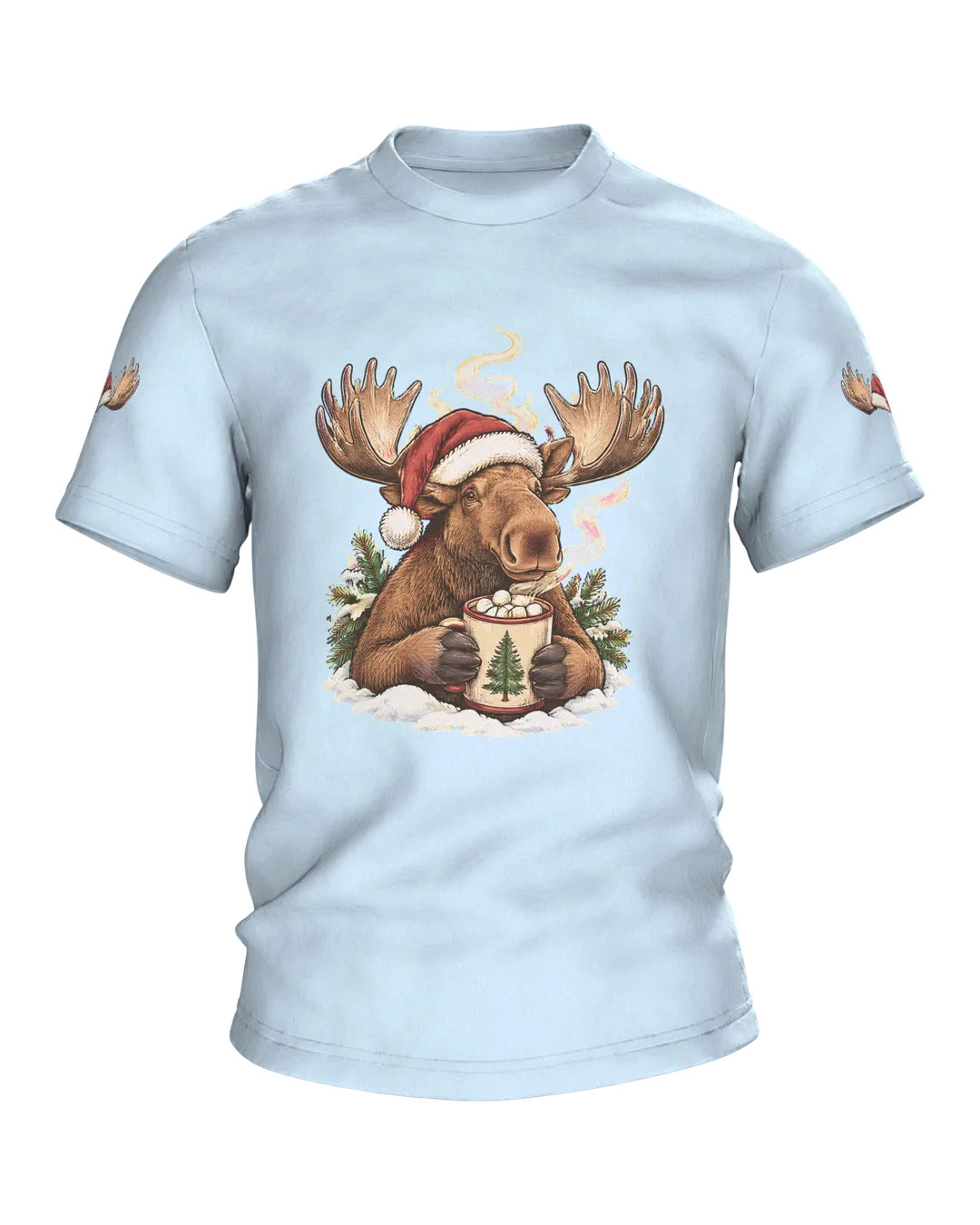 Moose Christmas Shirt: Moose Sipping Hot Cocoa with Marshmallows in a Santa Hat, Birch Campfire on the Back