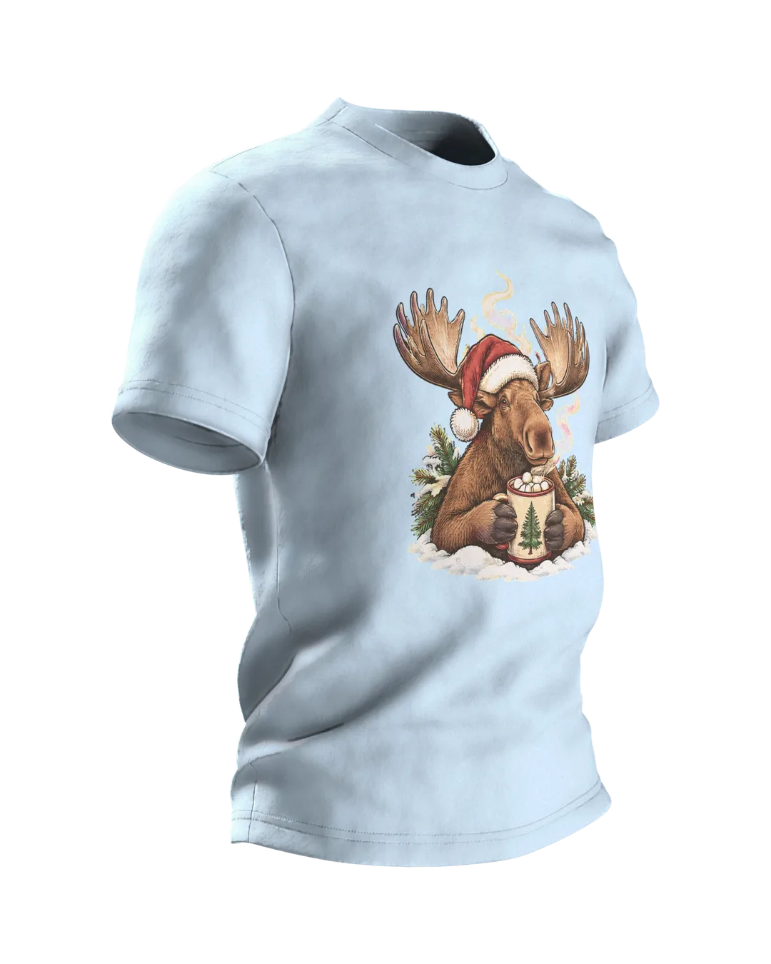 Moose Christmas Shirt: Moose Sipping Hot Cocoa with Marshmallows in a Santa Hat, Birch Campfire on the Back, Side view, left