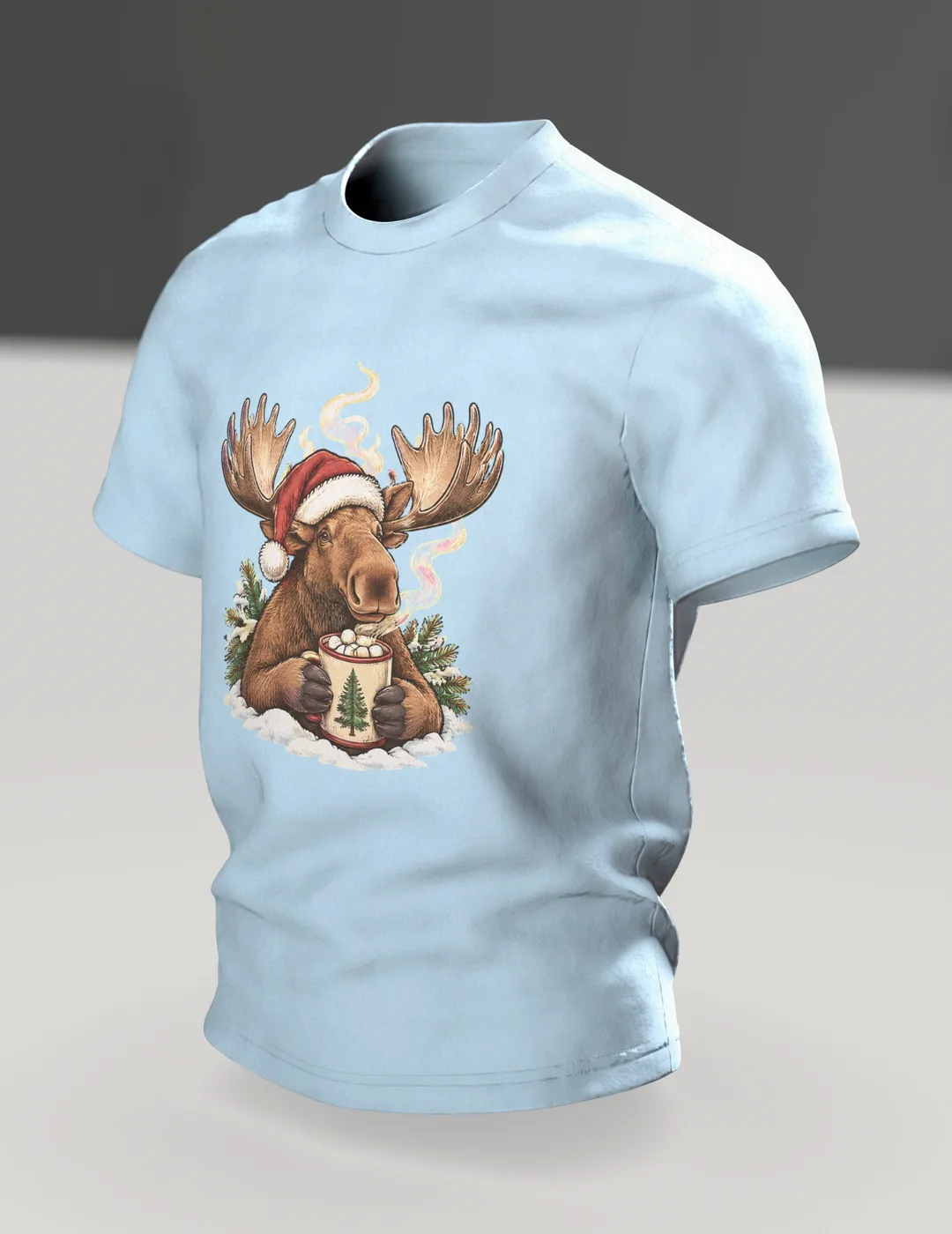 Moose Christmas Shirt: Moose Sipping Hot Cocoa with Marshmallows in a Santa Hat, Birch Campfire on the Back, In context, angled