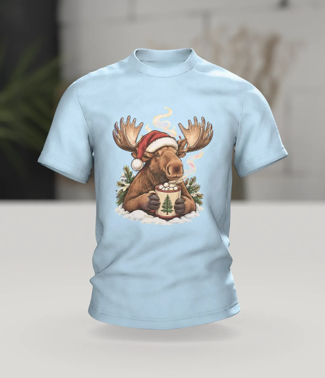 Moose Christmas Shirt: Moose Sipping Hot Cocoa with Marshmallows in a Santa Hat, Birch Campfire on the Back, In context