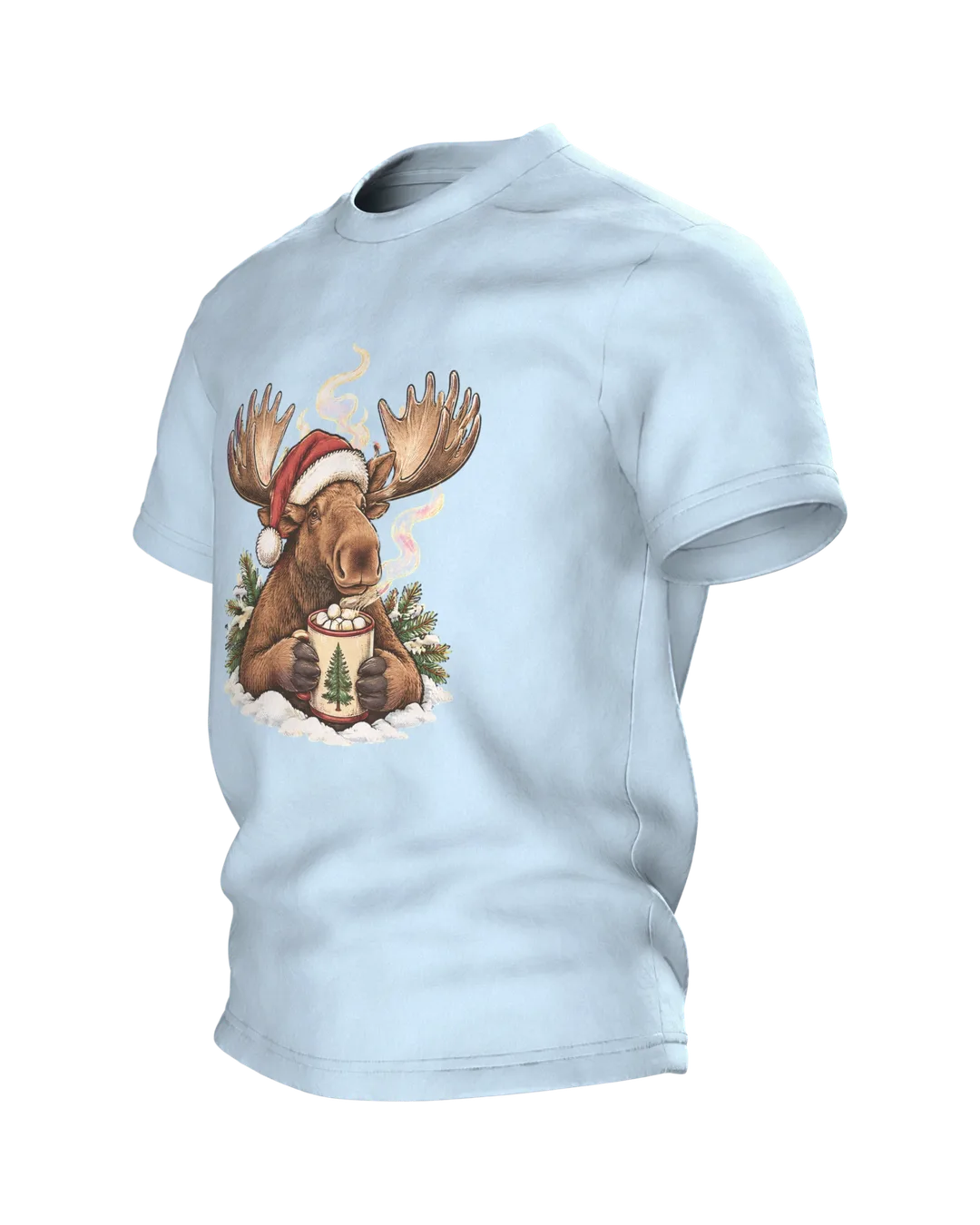 Moose Christmas Shirt: Moose Sipping Hot Cocoa with Marshmallows in a Santa Hat, Birch Campfire on the Back, Side view, right