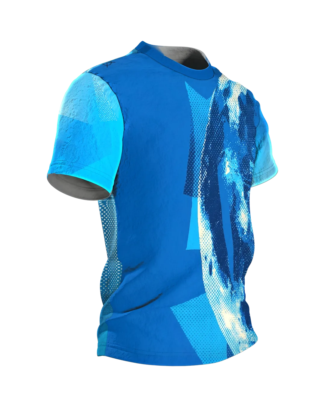 Halftone Moon T-shirt, Monochrome Blue in a Photo-Print Screen, Side view, left