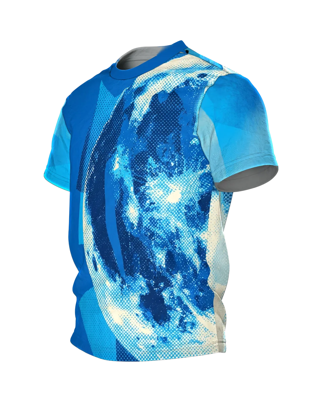 Halftone Moon T-shirt, Monochrome Blue in a Photo-Print Screen, Side view, right