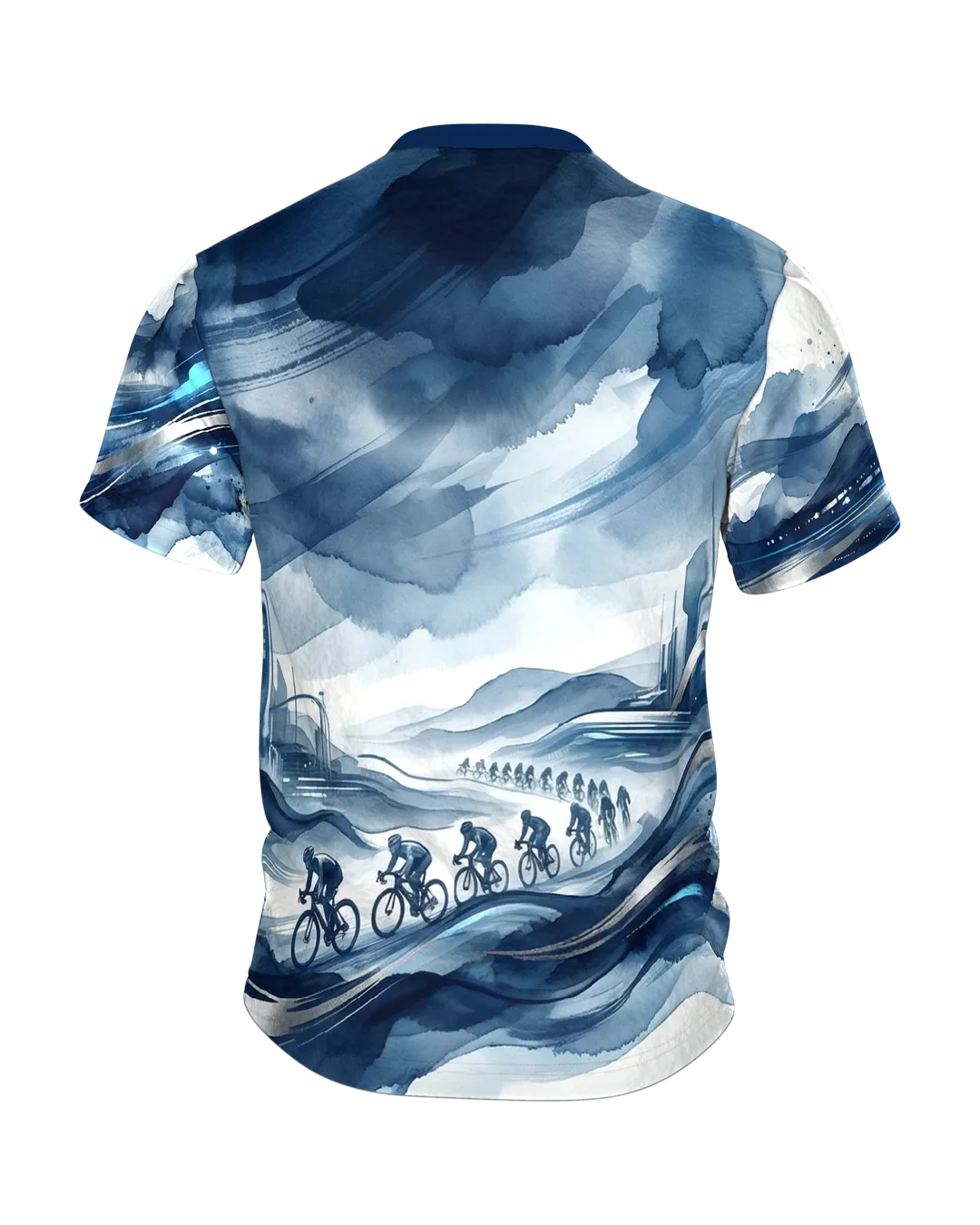 Futurism Peloton T-shirt: a road race field in a watercolor storm, Back