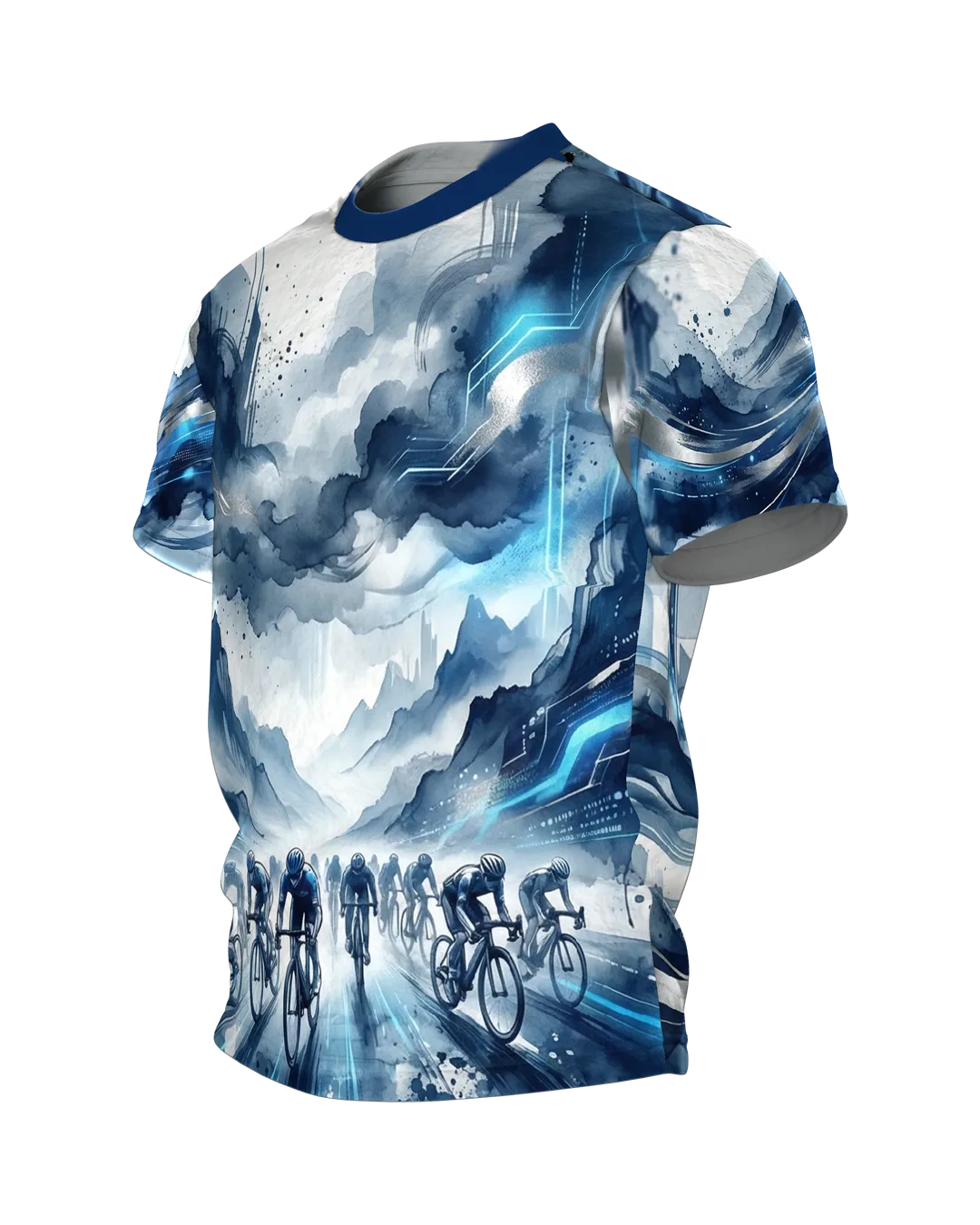 Futurism Peloton T-shirt: a road race field in a watercolor storm, Side view, right