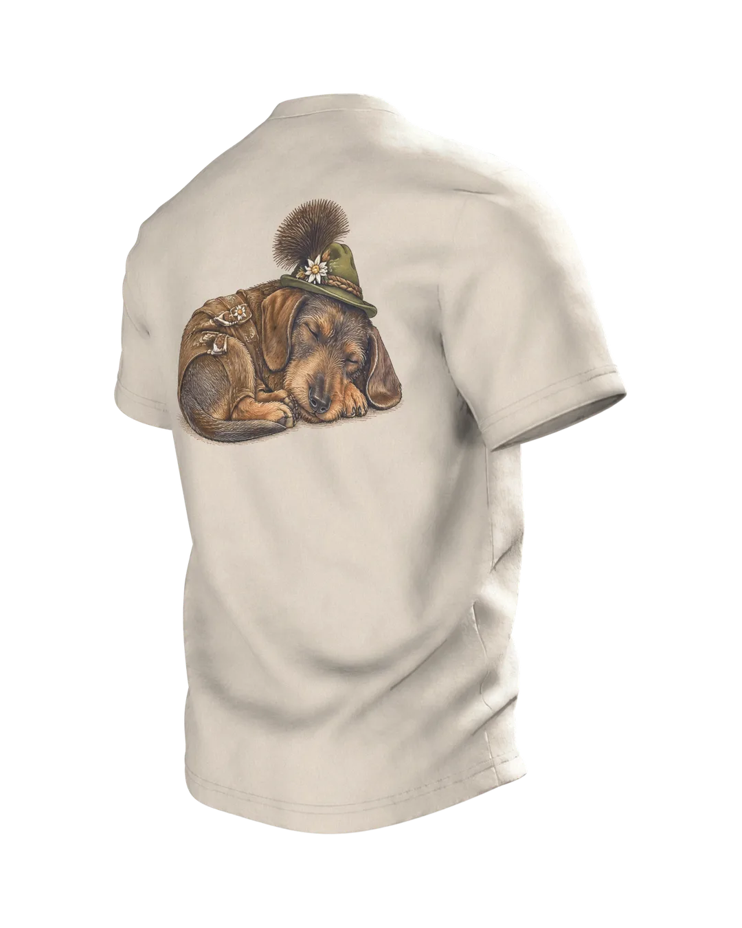 Dachshund T-Shirt: Dachshund in Lederhosen with Alpine Hat and Chamois Tuft, Vintage Engraving, Back, angled left