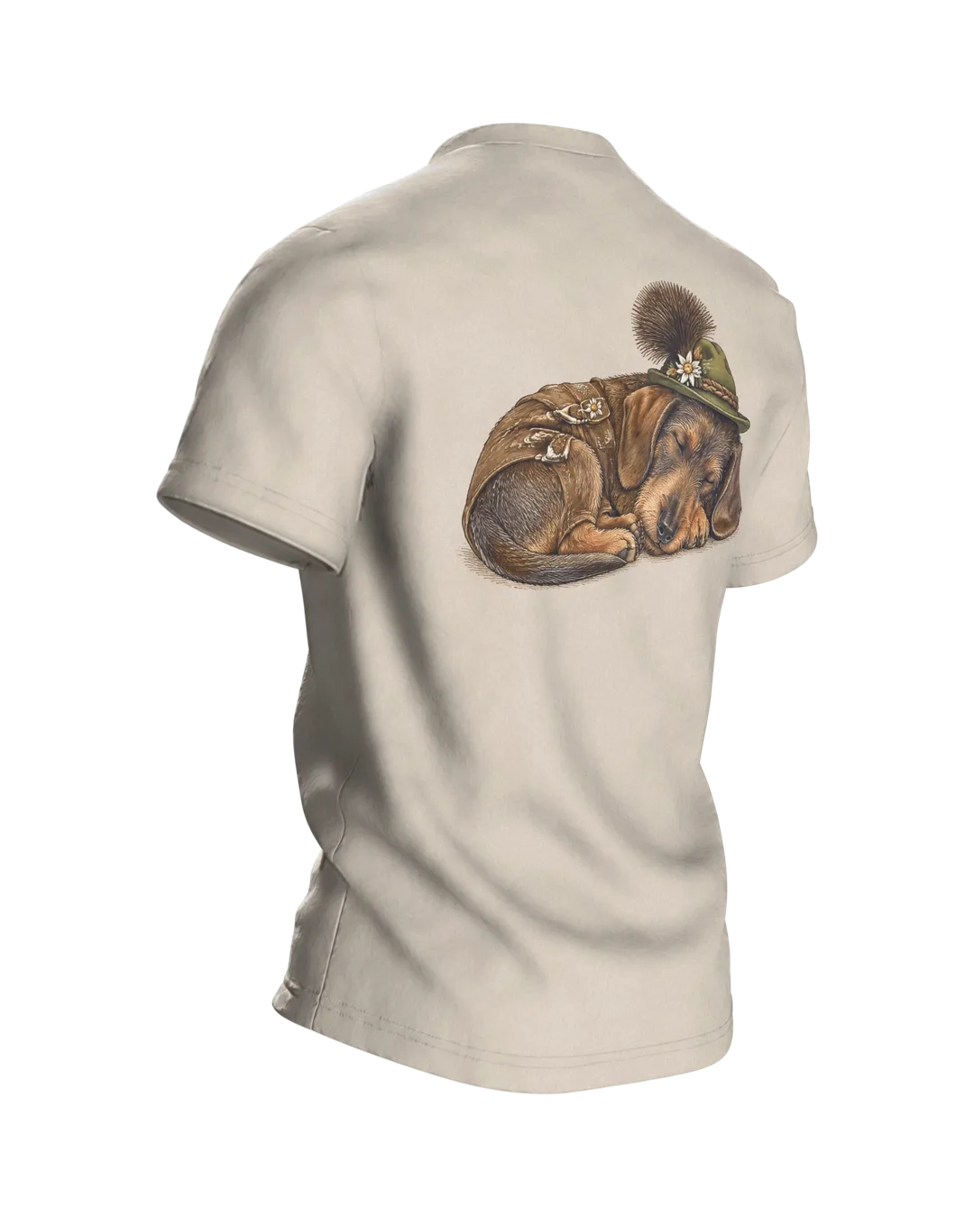 Dachshund T-Shirt: Dachshund in Lederhosen with Alpine Hat and Chamois Tuft, Vintage Engraving, Back, angled right