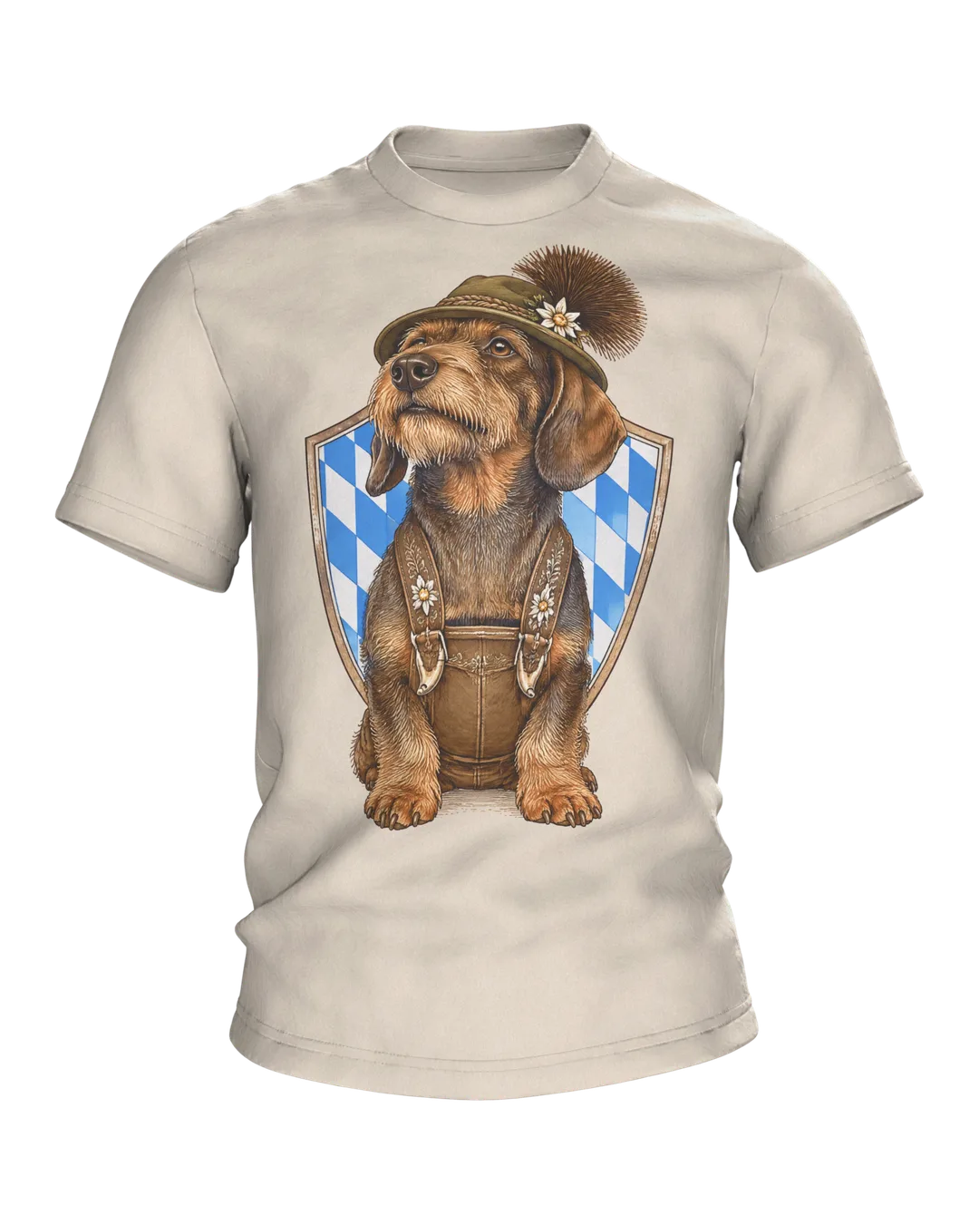 Dachshund T-Shirt: Dachshund in Lederhosen with Alpine Hat and Chamois Tuft, Vintage Engraving