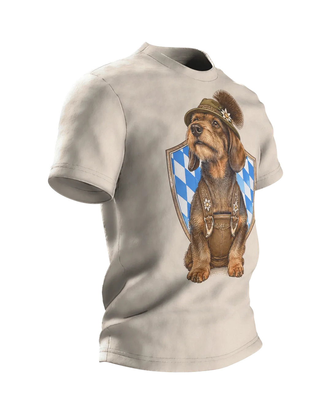 Dachshund T-Shirt: Dachshund in Lederhosen with Alpine Hat and Chamois Tuft, Vintage Engraving, Side view, left