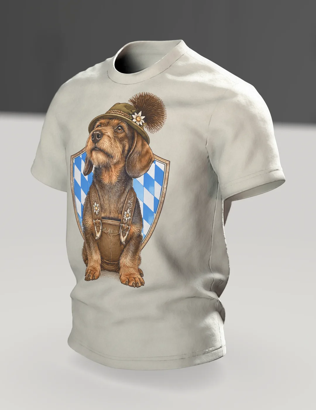 Dachshund T-Shirt: Dachshund in Lederhosen with Alpine Hat and Chamois Tuft, Vintage Engraving, In context, angled