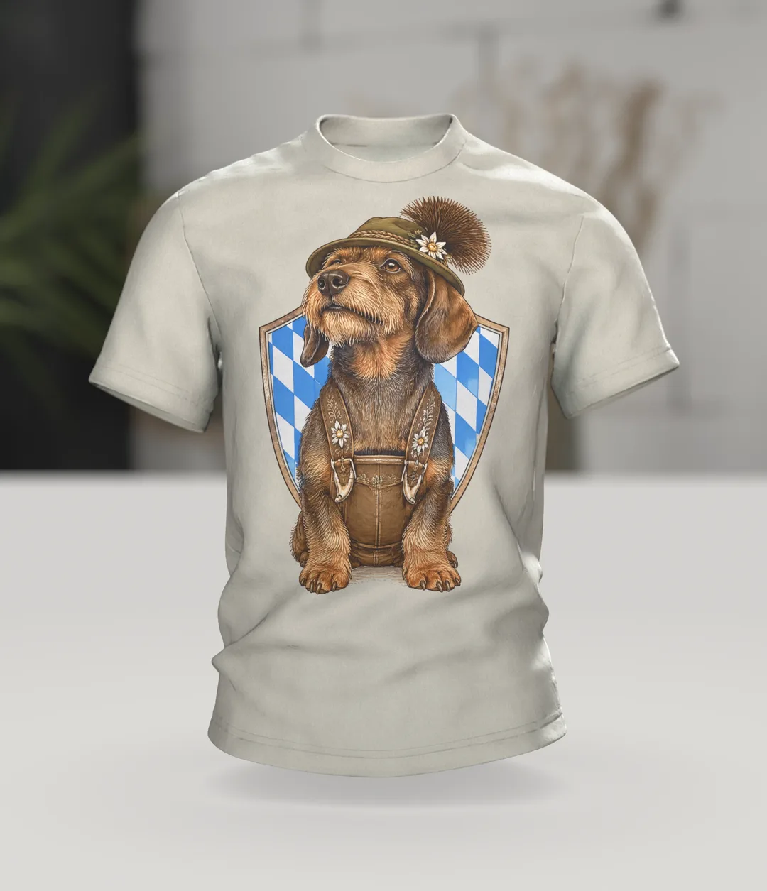 Dachshund T-Shirt: Dachshund in Lederhosen with Alpine Hat and Chamois Tuft, Vintage Engraving, In context