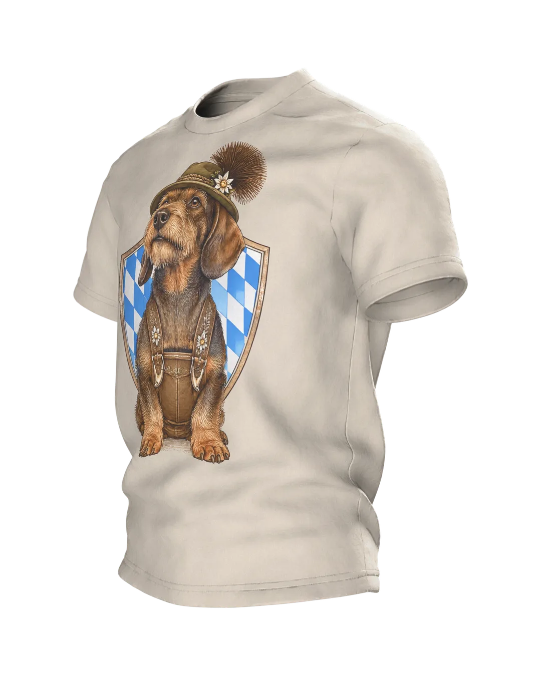 Dachshund T-Shirt: Dachshund in Lederhosen with Alpine Hat and Chamois Tuft, Vintage Engraving, Side view, right
