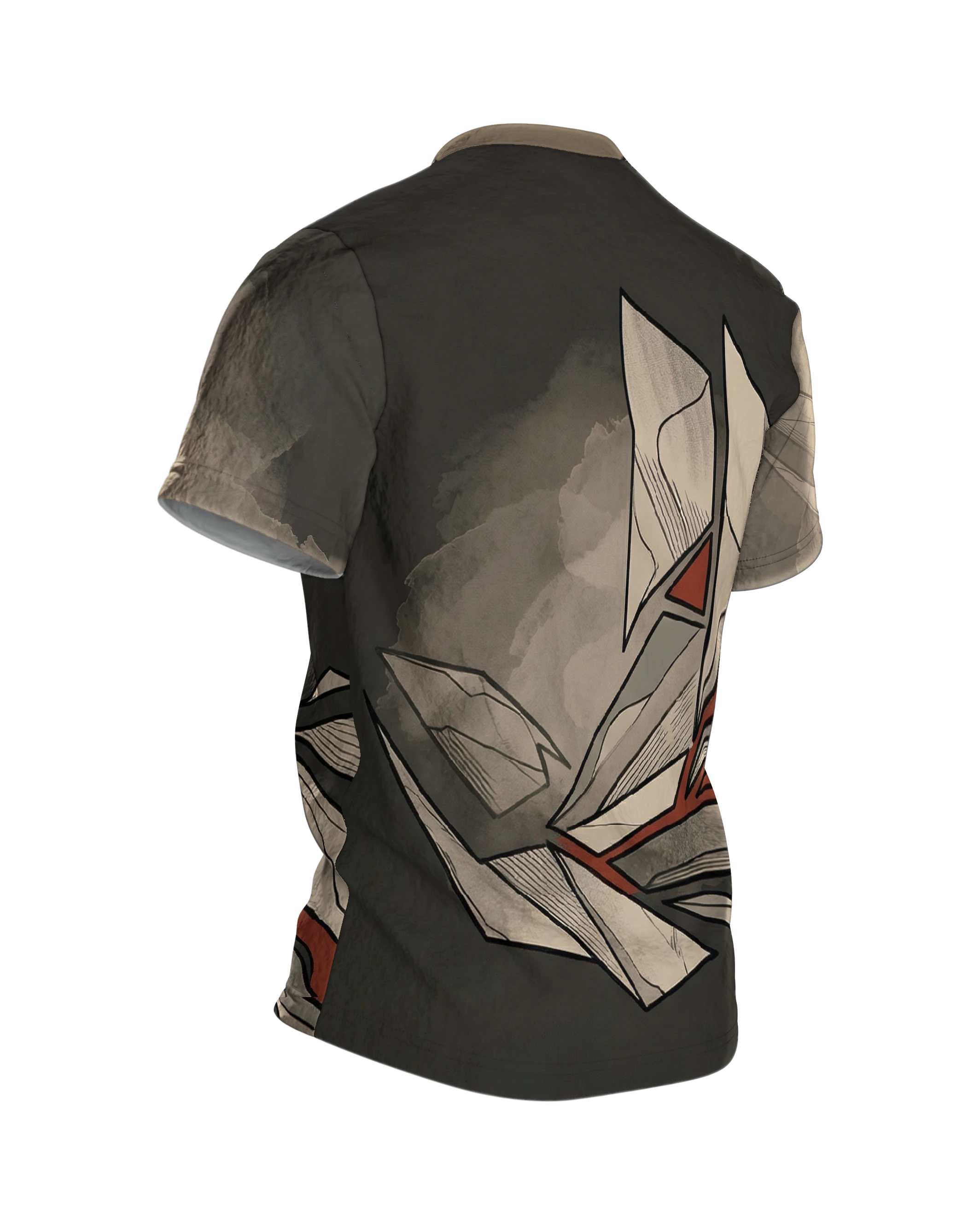 Origami Splitter T-Shirt: Papierkanten in Beige und Rot, Rückseite schräg rechts