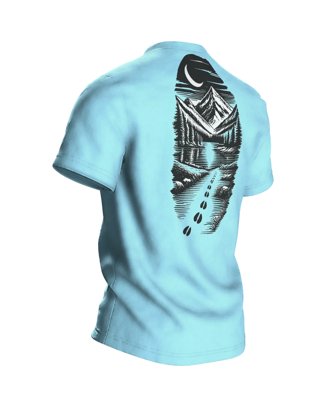 Hirsch T-Shirt „Wildtiere“: Hirschkopf mit Bergsee, Rückseite schräg rechts