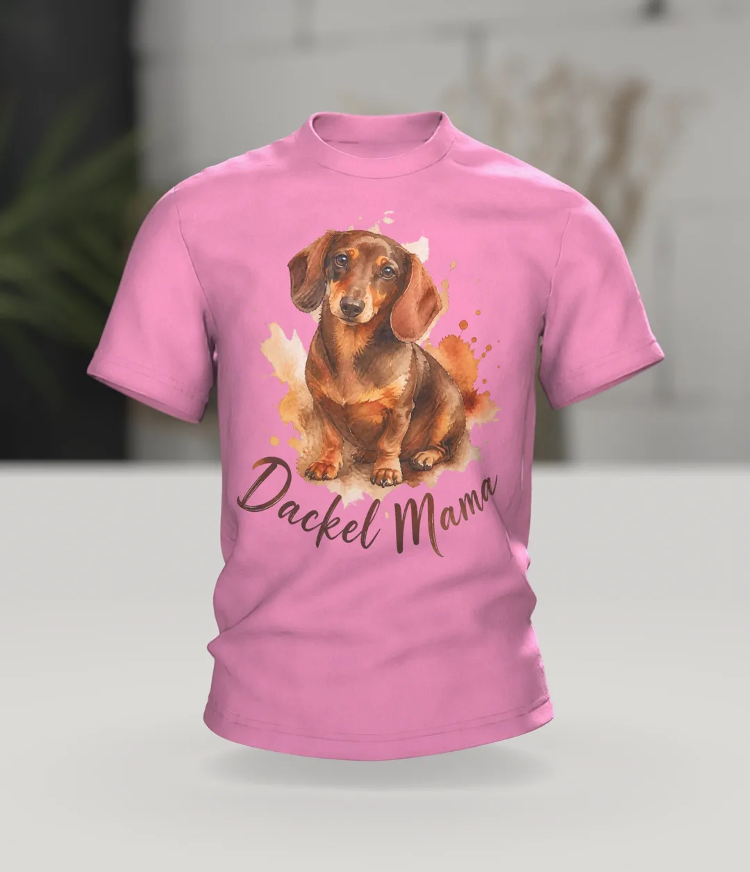 Dackel Mama T-shirt, Watercolor Dachshund Portrait in an Autumn Look, In context