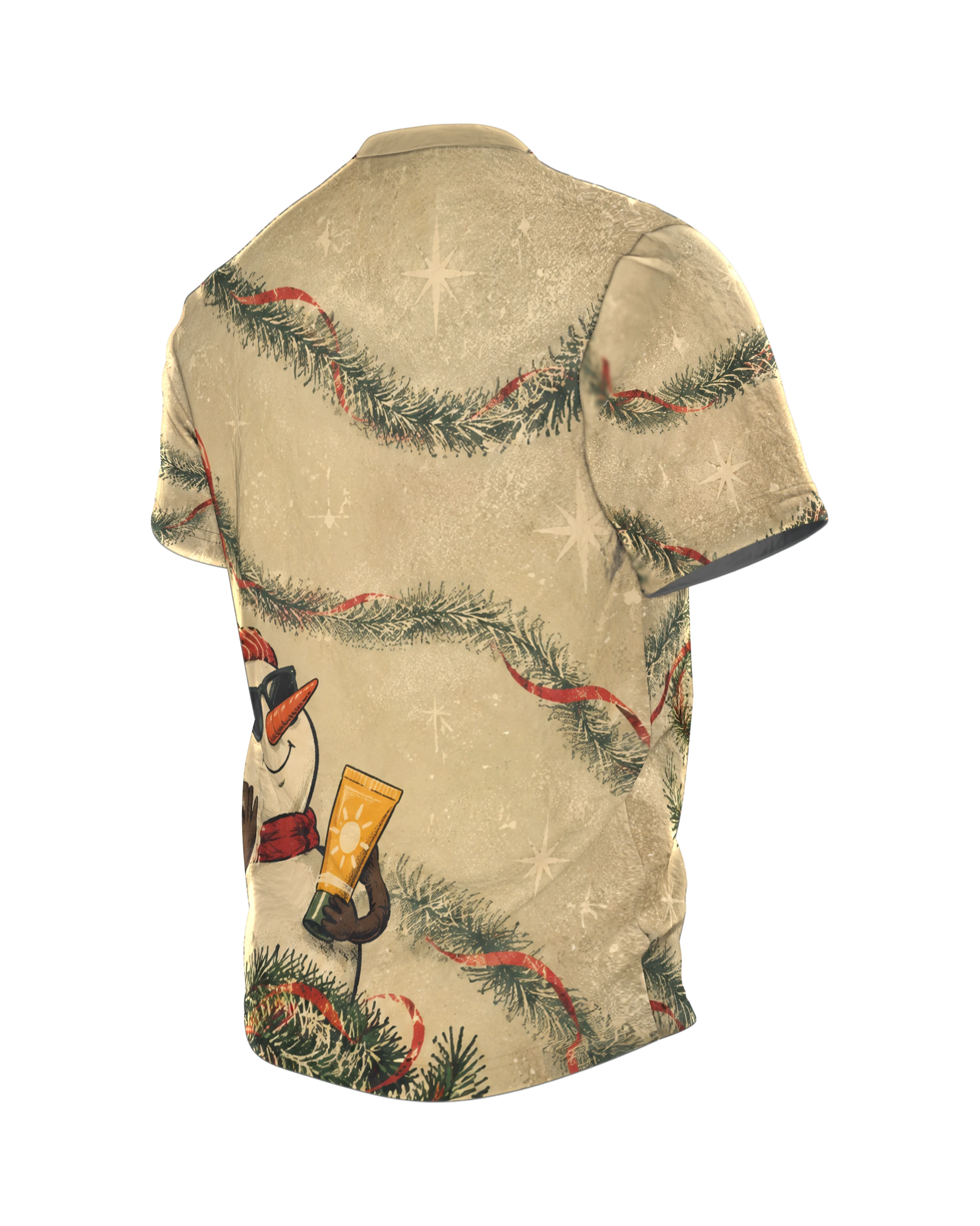 Surfender Weihnachtsmann Shirt: Santa und Schneemann, Rückseite schräg links