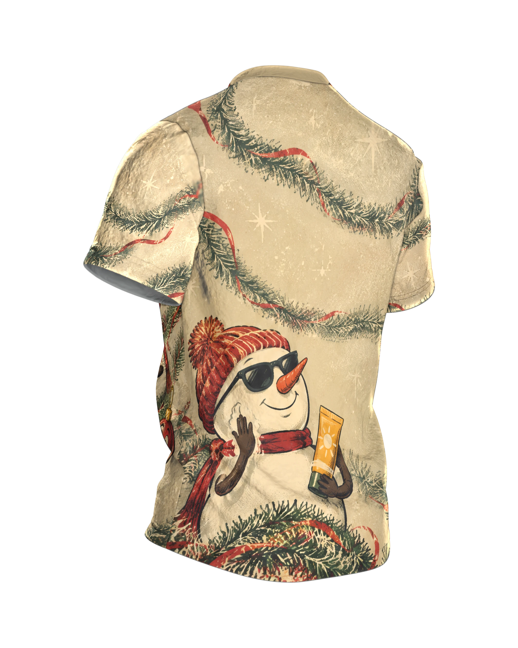 Surfender Weihnachtsmann Shirt: Santa und Schneemann, Rückseite schräg rechts