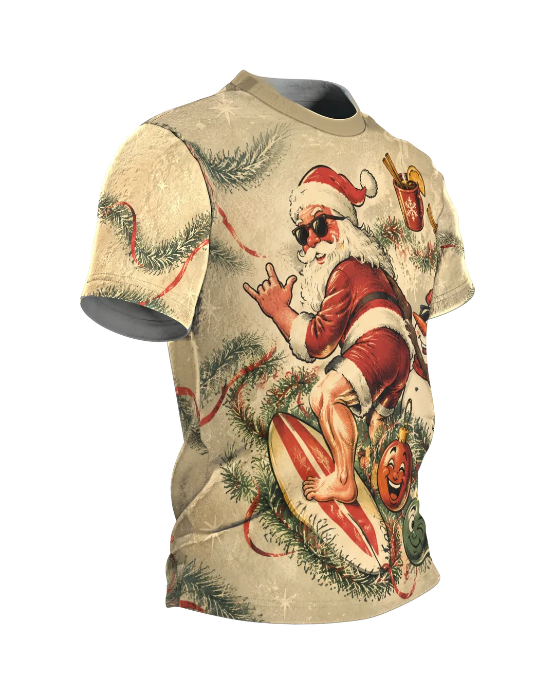 Surfender Weihnachtsmann Shirt: Santa und Schneemann, Seitenansicht links