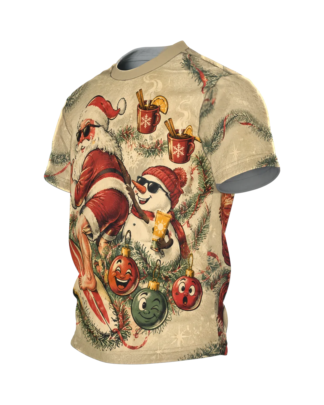 Surfender Weihnachtsmann Shirt: Santa und Schneemann, Seitenansicht rechts