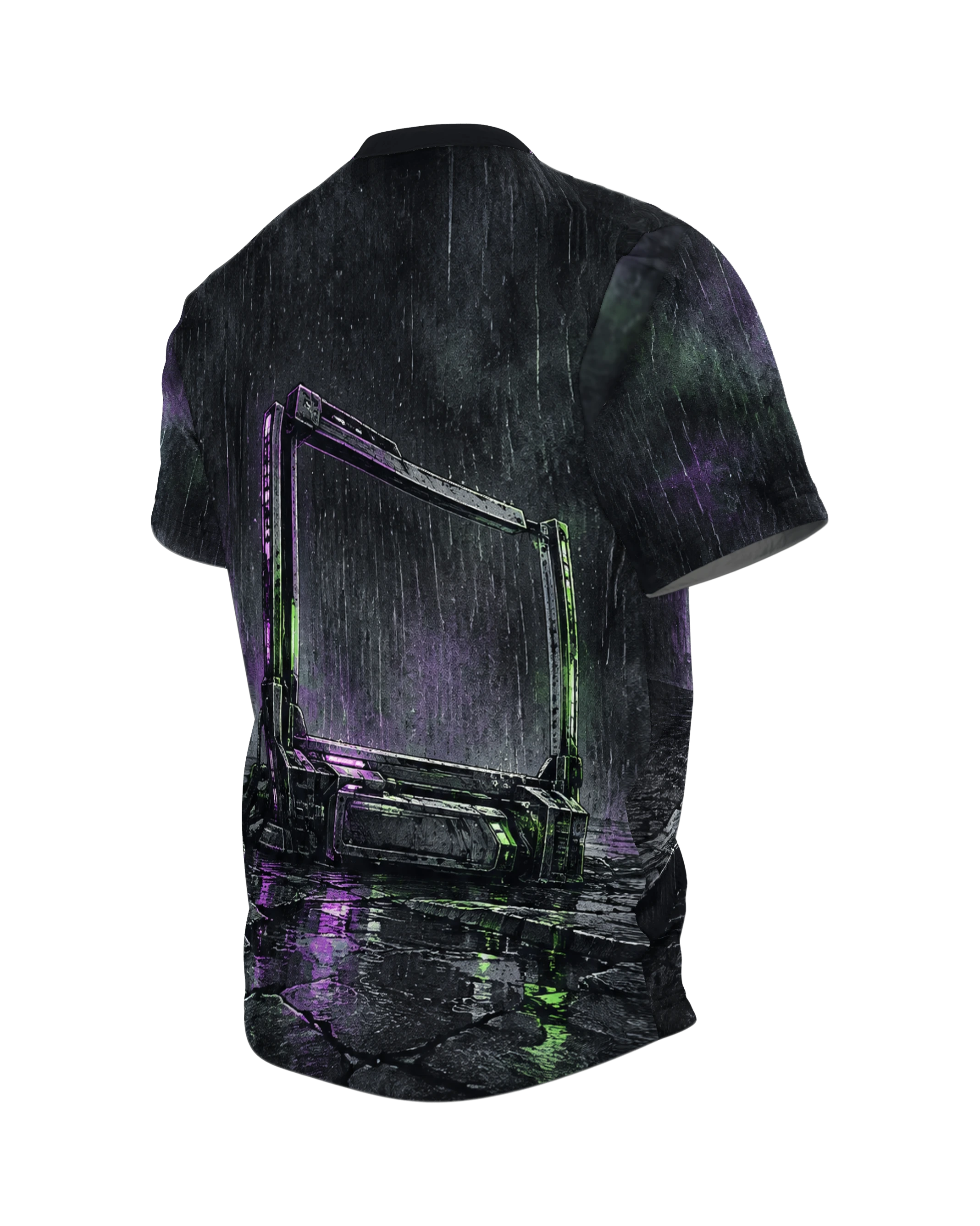 Cyberpunk Stadt T-Shirt: Allein im Neonregen, Rückseite schräg links