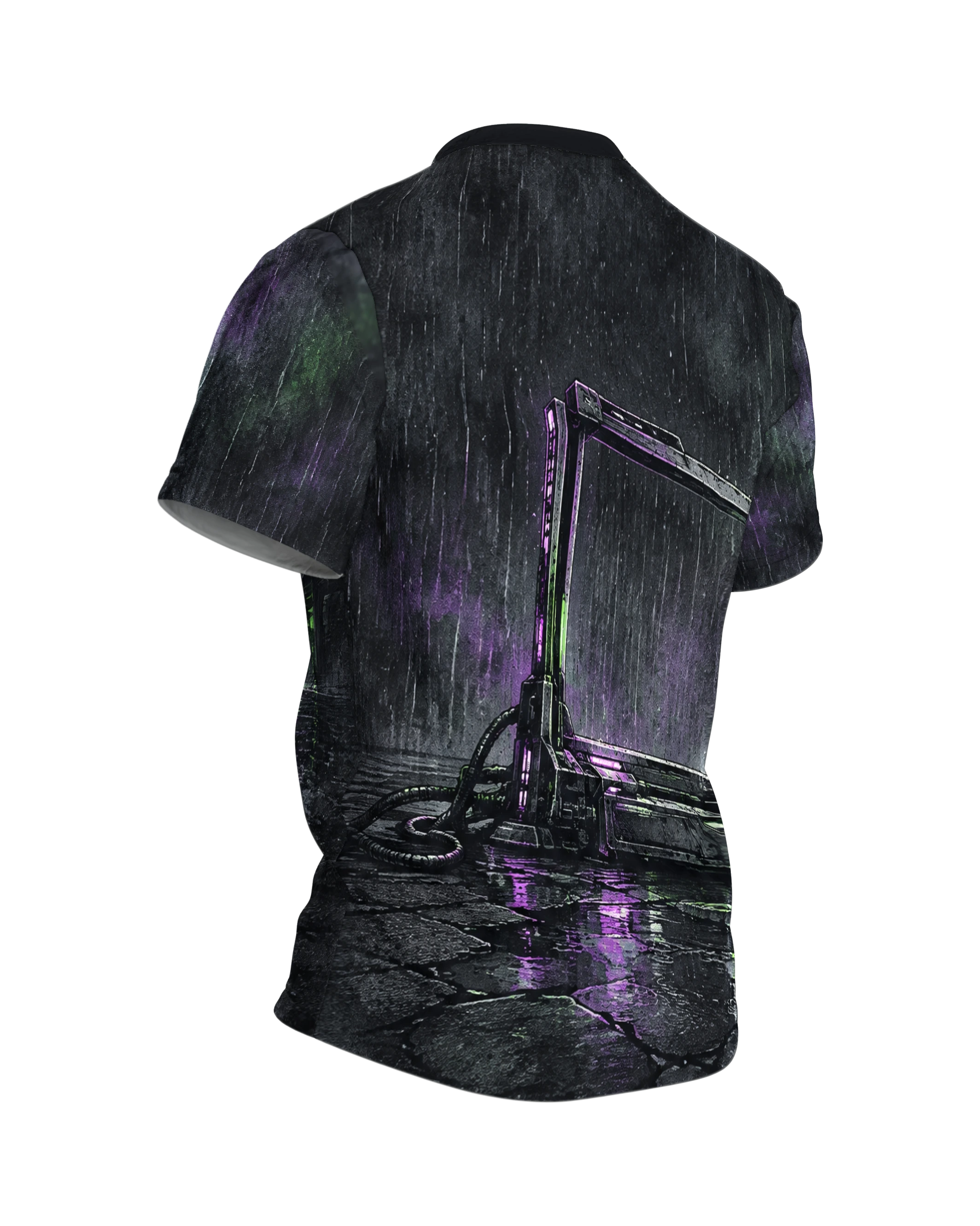 Cyberpunk Stadt T-Shirt: Allein im Neonregen, Rückseite schräg rechts