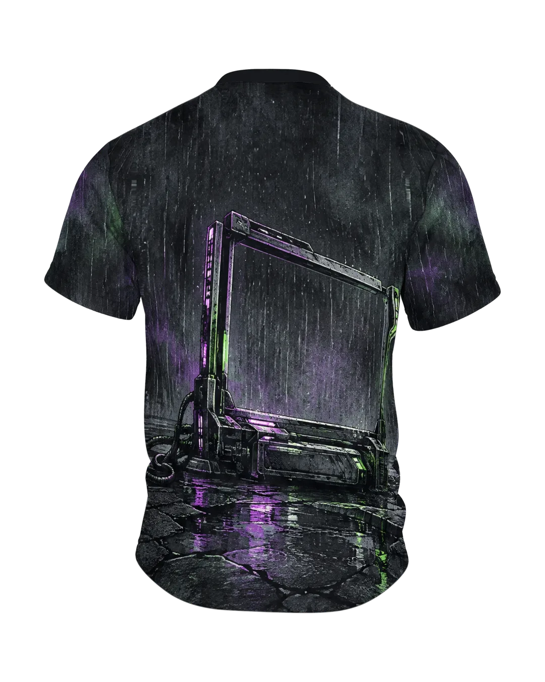 Cyberpunk Stadt T-Shirt: Allein im Neonregen, Rückseite