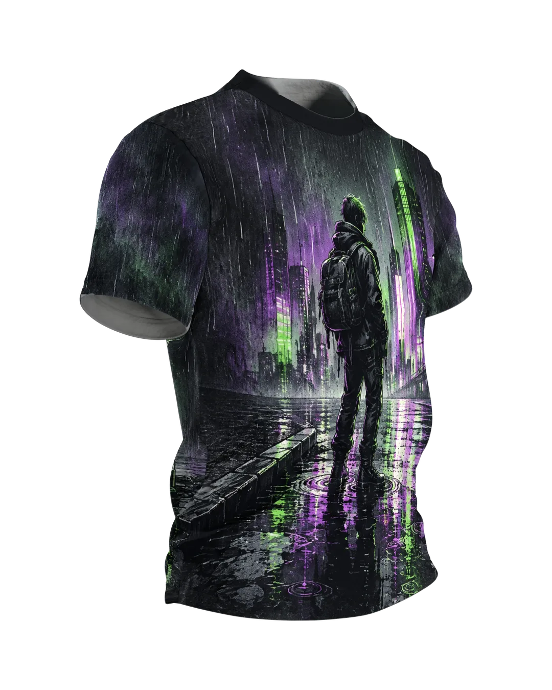 Cyberpunk Stadt T-Shirt: Allein im Neonregen, Seitenansicht links