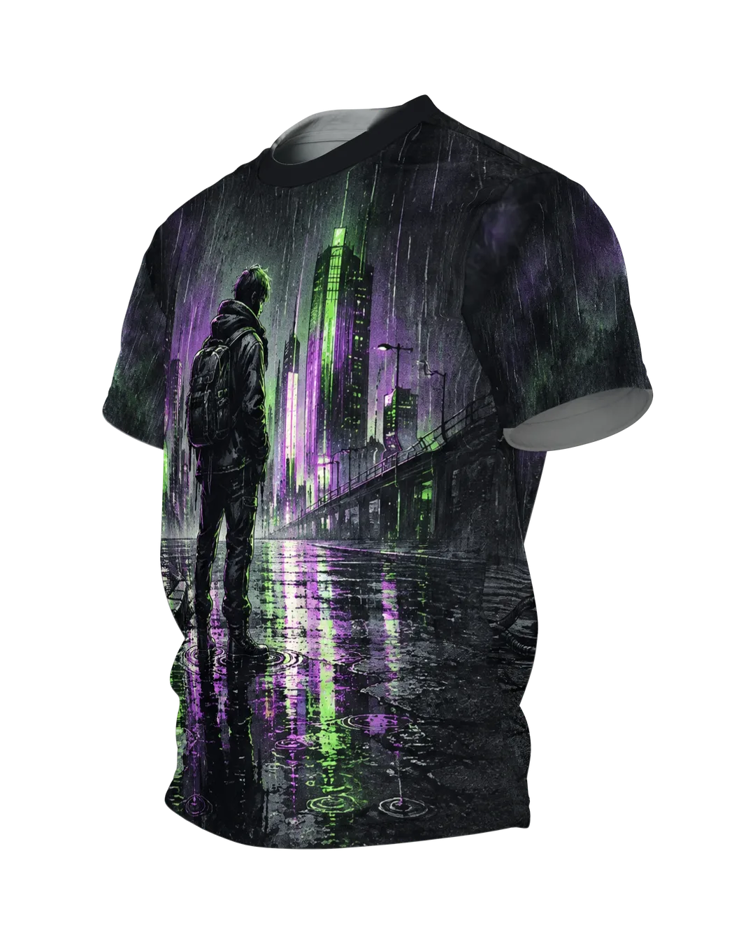 Cyberpunk Stadt T-Shirt: Allein im Neonregen, Seitenansicht rechts