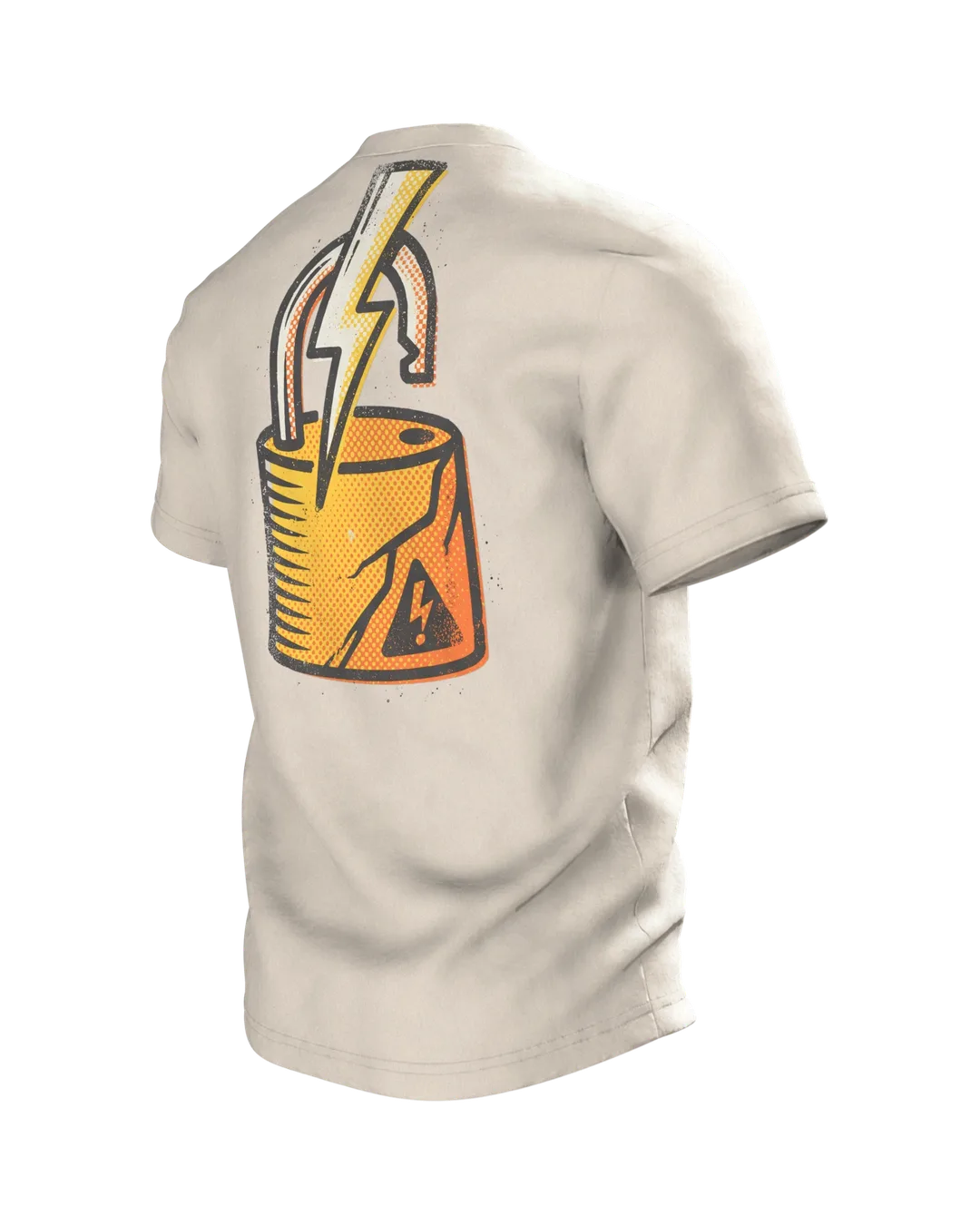 Elektriker Comic T-Shirt "Vertrau mir, ich bin fast Elektriker", versengter Held im Warndreieck, Rückseite schräg links