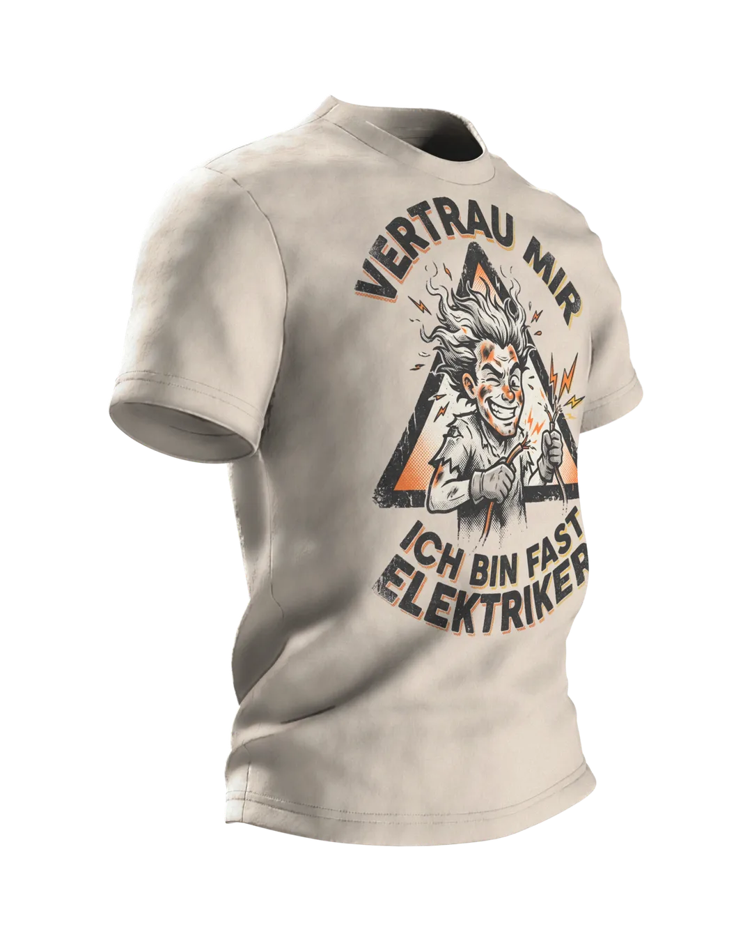 Electrician Comic T-shirt "Vertrau mir, ich bin fast Elektriker", Singed Hero in a Warning Triangle, Side view, left
